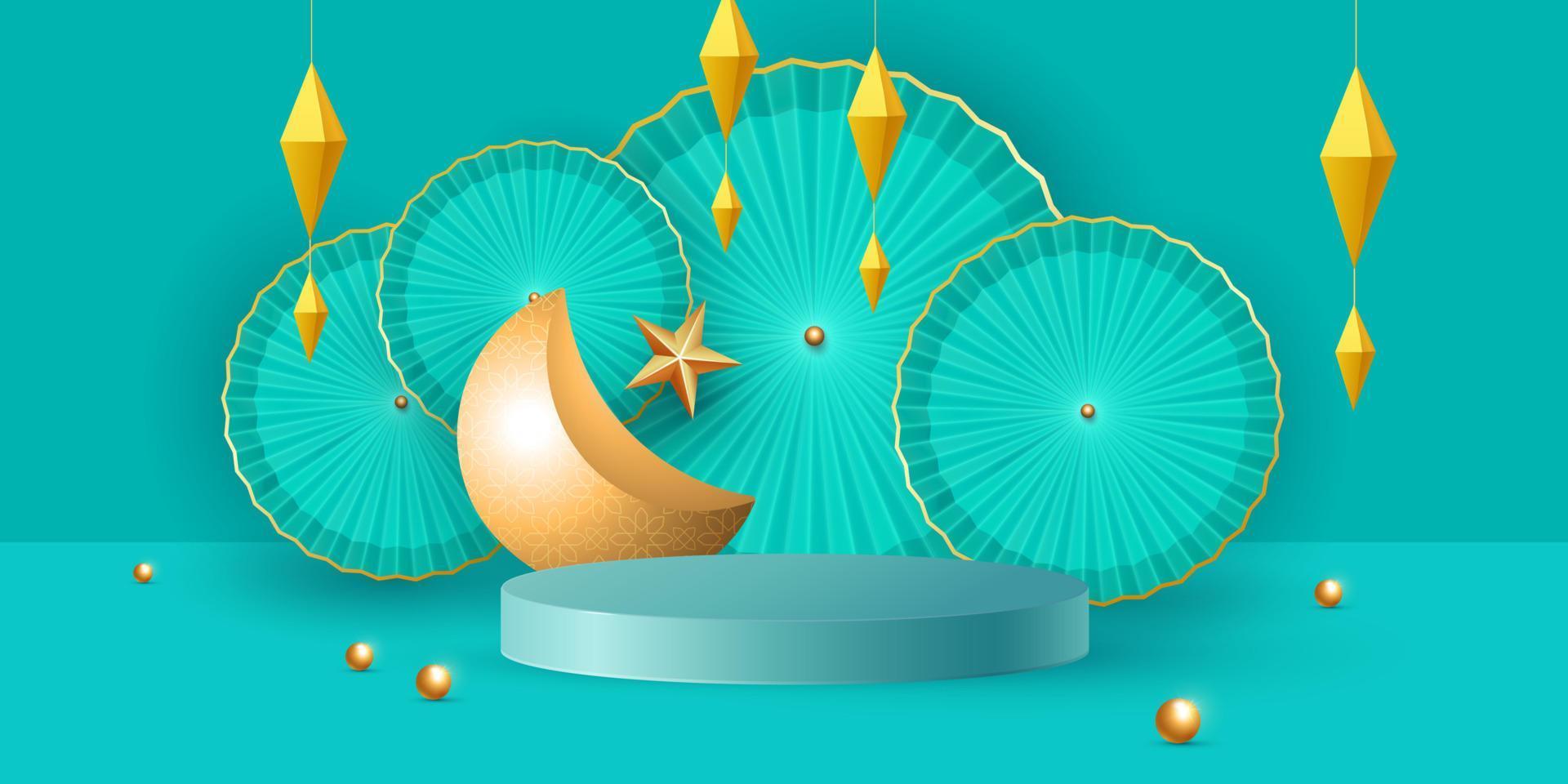 3d illustration of classic turquoise muslim islamic festival product display background with crescent moon and islamic decorations. Vector illustration