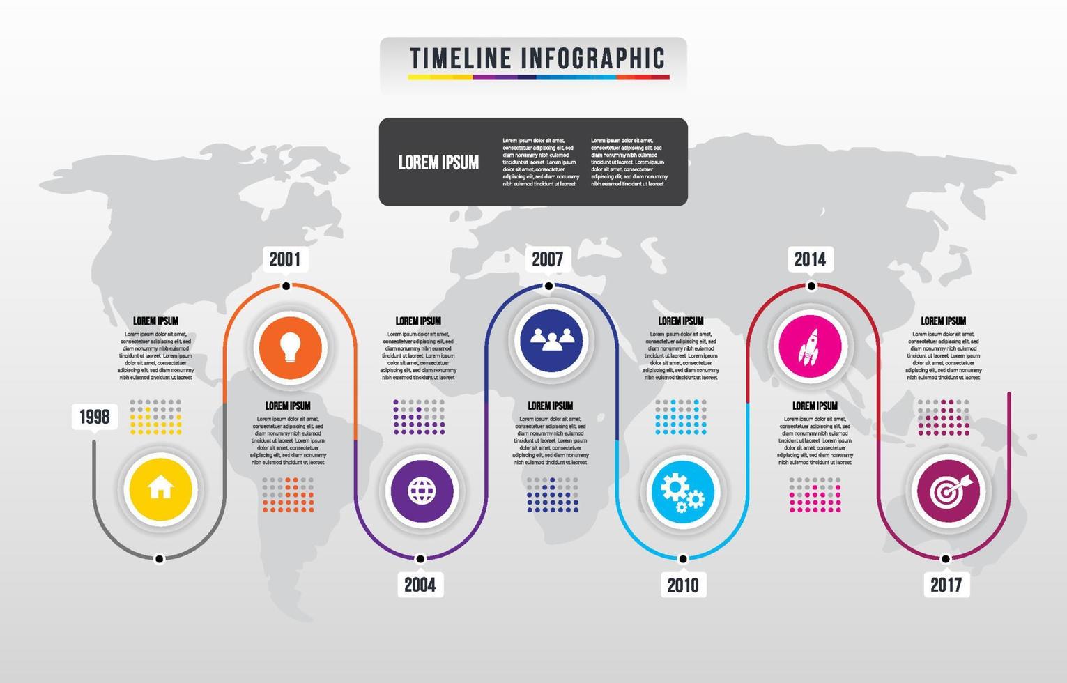 infografía de línea de tiempo con plantilla de mapa mundial vector