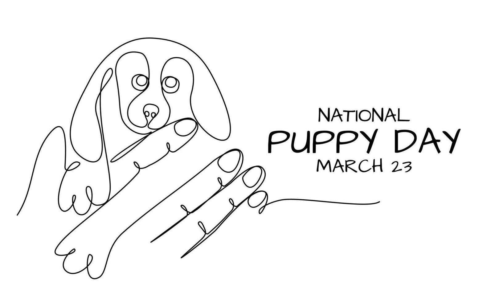 vector illustration, national puppy day, sketch of hand holding a puppy, continuous single line, as banner, poster or template.