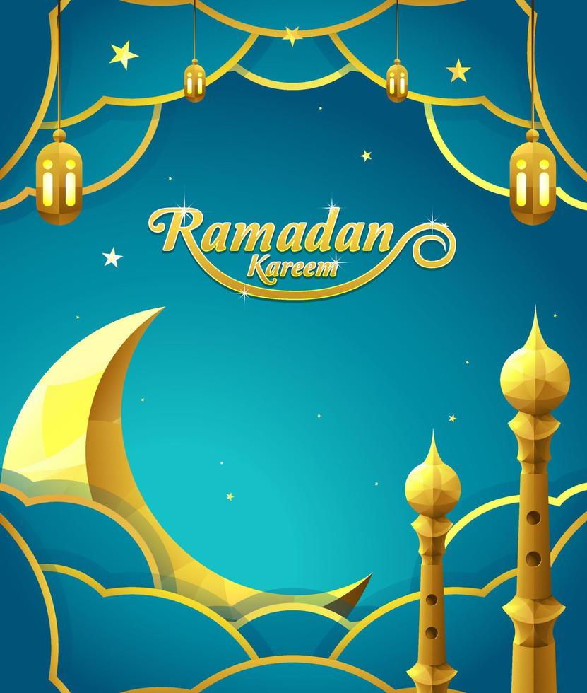 Ramadan Kareem Poster with Crescent Moon Decoration, lantern, mosque tower and cloud vector