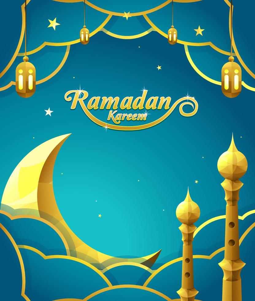 cartel de ramadán kareem con decoración de luna creciente, linterna, torre de mezquita y nube vector