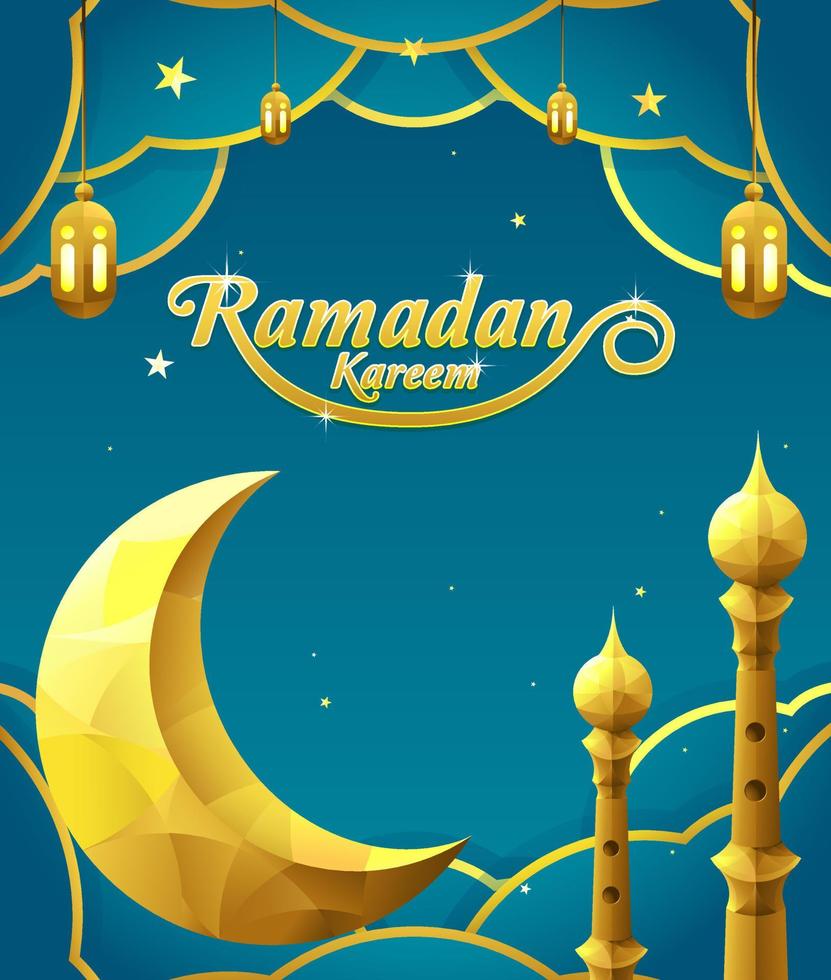 cartel de ramadán kareem con decoración de luna creciente, linterna y torre de mezquita vector