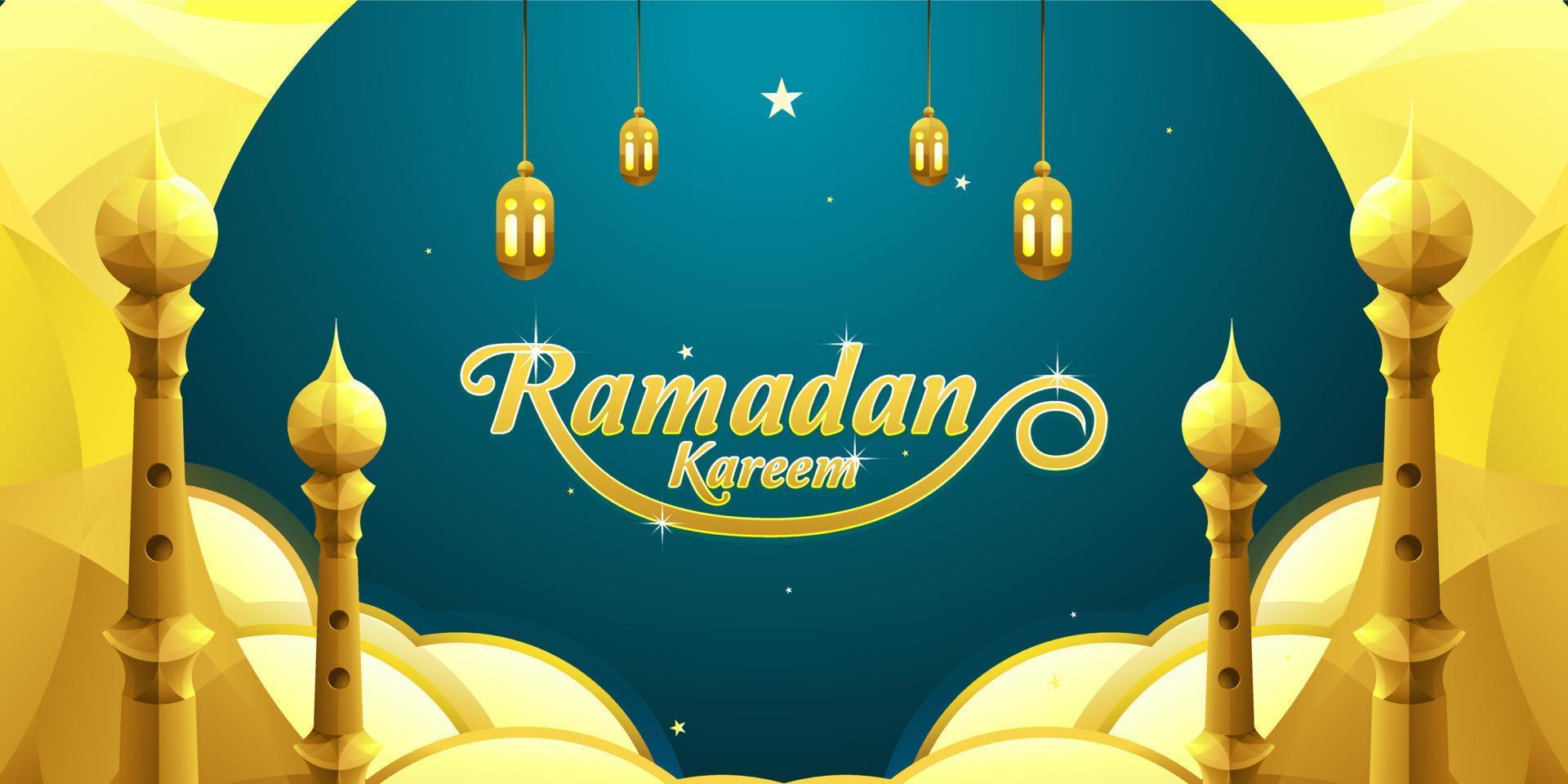 Ramadan Kareem background with crescent moon decoration, lantern, mosque tower and cloudy vector