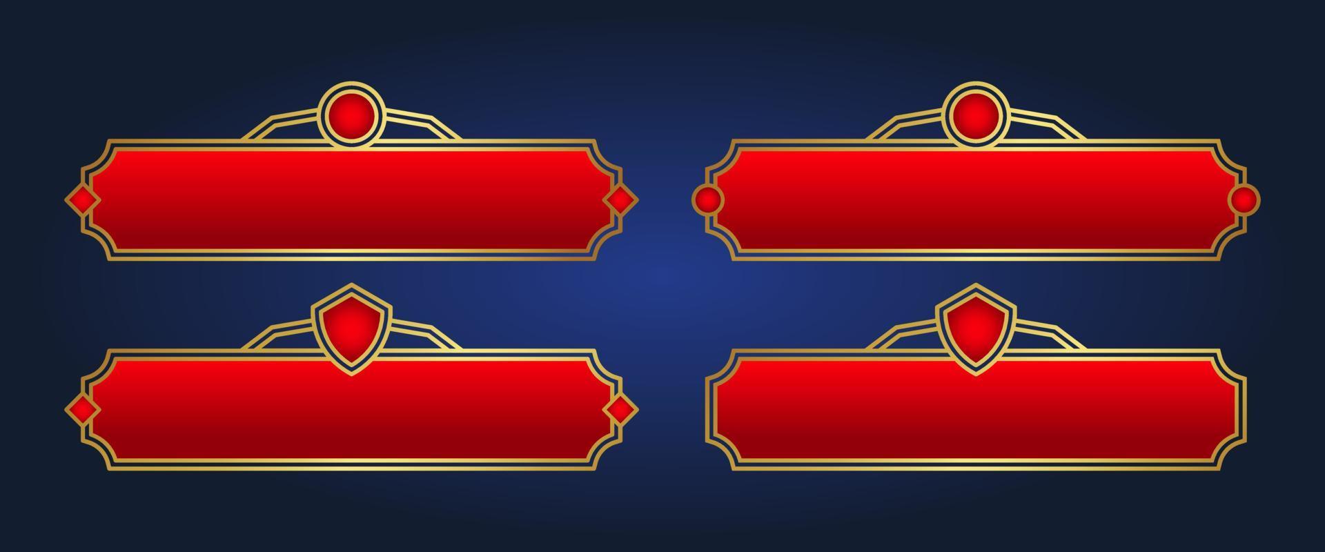 Medieval buttons, ui game menu elements, red oblong banners and gold ornate rims. empty royal gui bars for rpg or arcade, golden borders. - Vector. vector