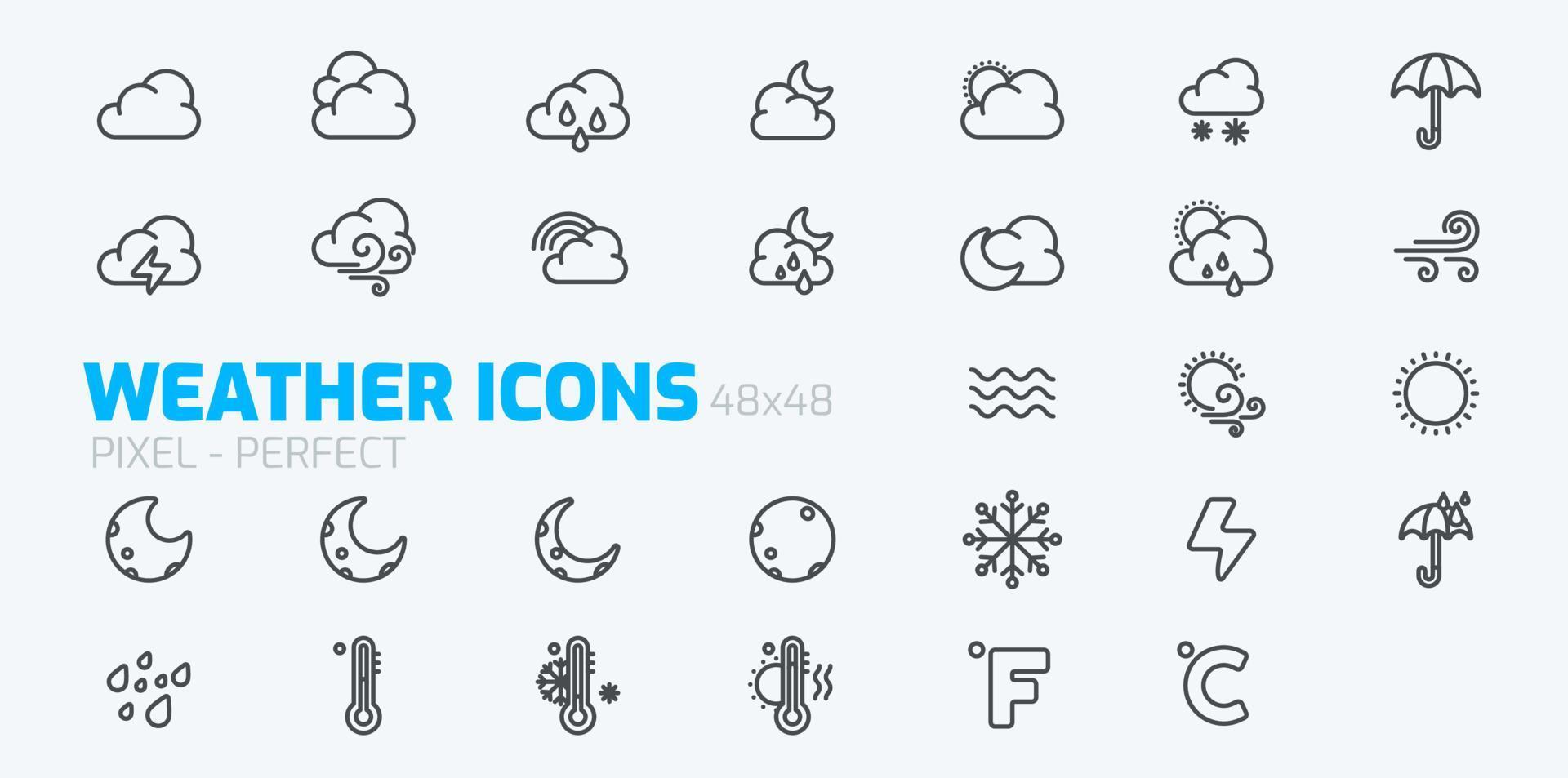 conjunto de iconos meteorológicos para aplicaciones web y móviles, iconos de contorno ilustraciones vectoriales vector