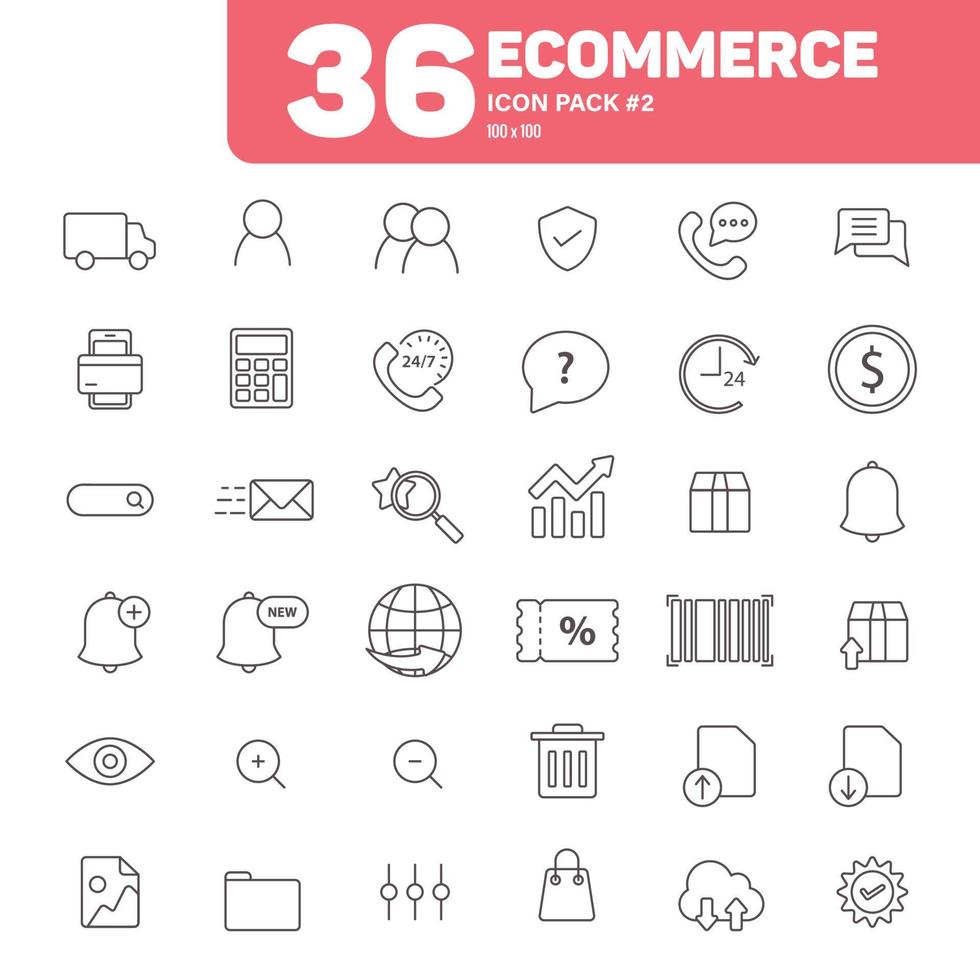 36 iconos de comercio electrónico paquete 2, conjunto de vectores de iconos de comercio electrónico de arte de línea de contorno