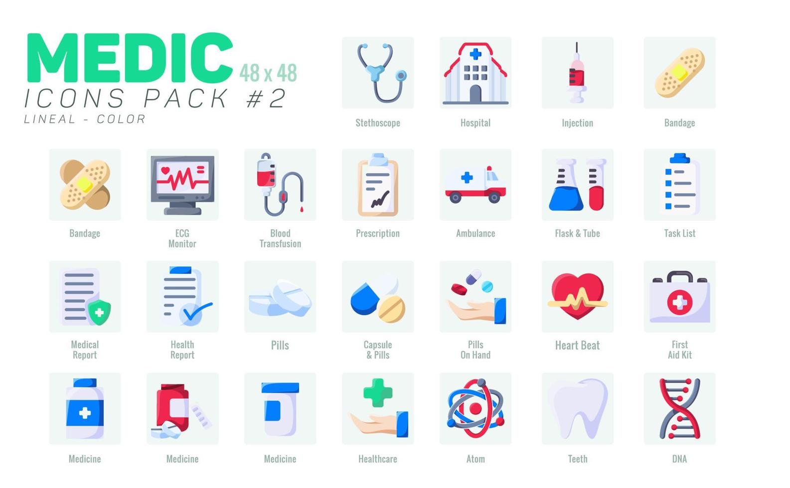 25 Flat Medic Icons Pack 2, Vector Medical Icons Set Color Style