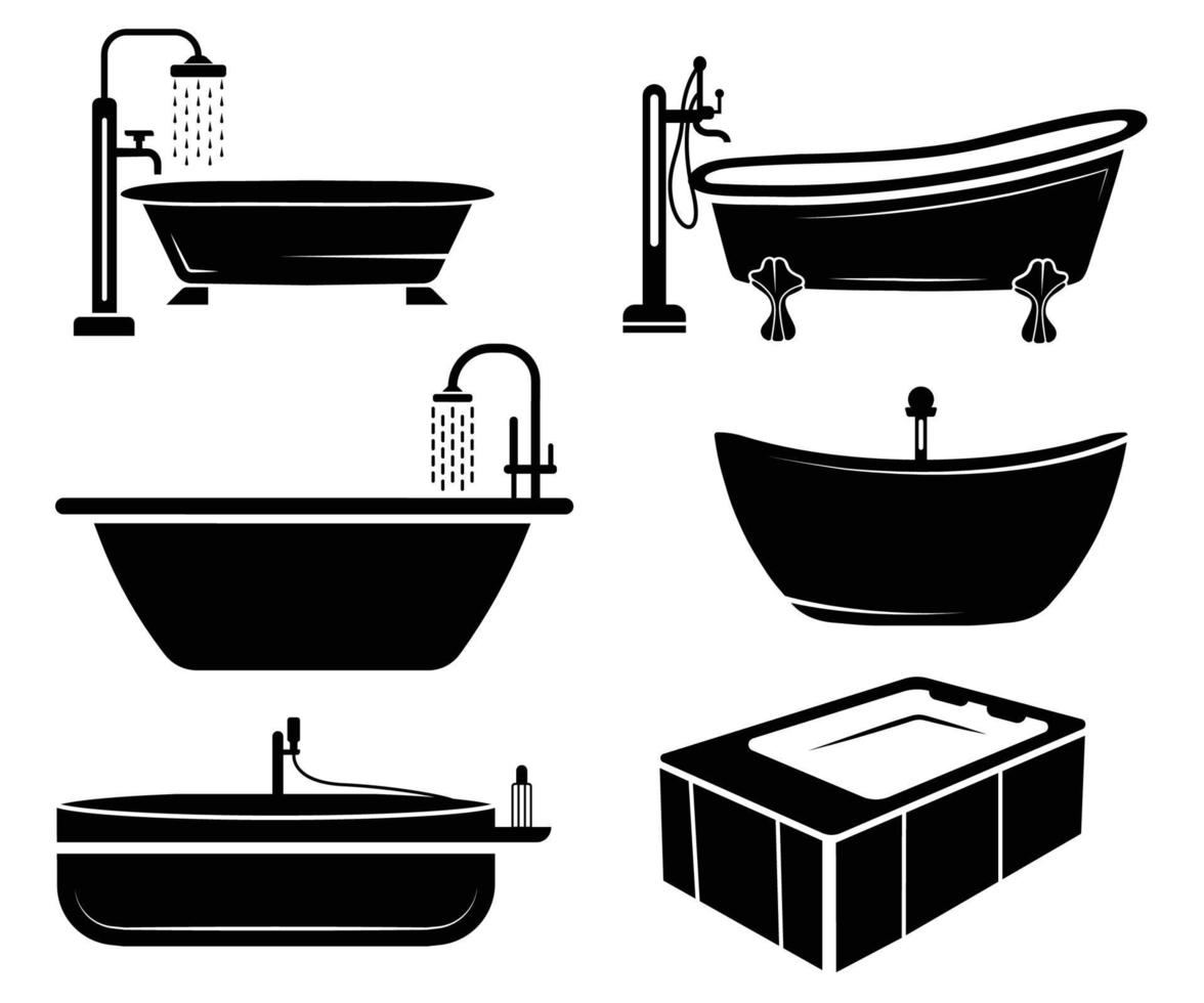 Bathtub Vector, White And Black Color, Bundle. vector