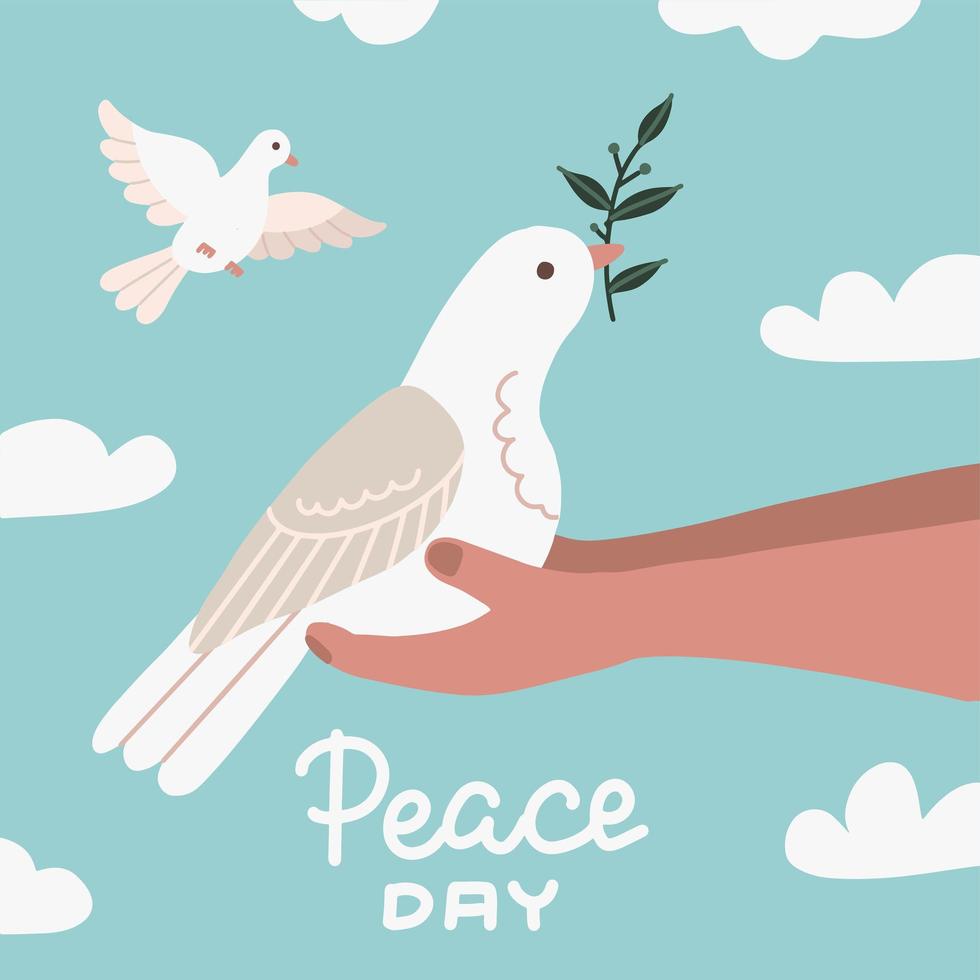 White Dove with Olive Branch sittting in human Hands. Peace Symbol. Pigeon Isolated Logo. White Flying Bird Emblem. Flat Dove Flat Sign. Peace day Poster illestration with sky and clouds. vector