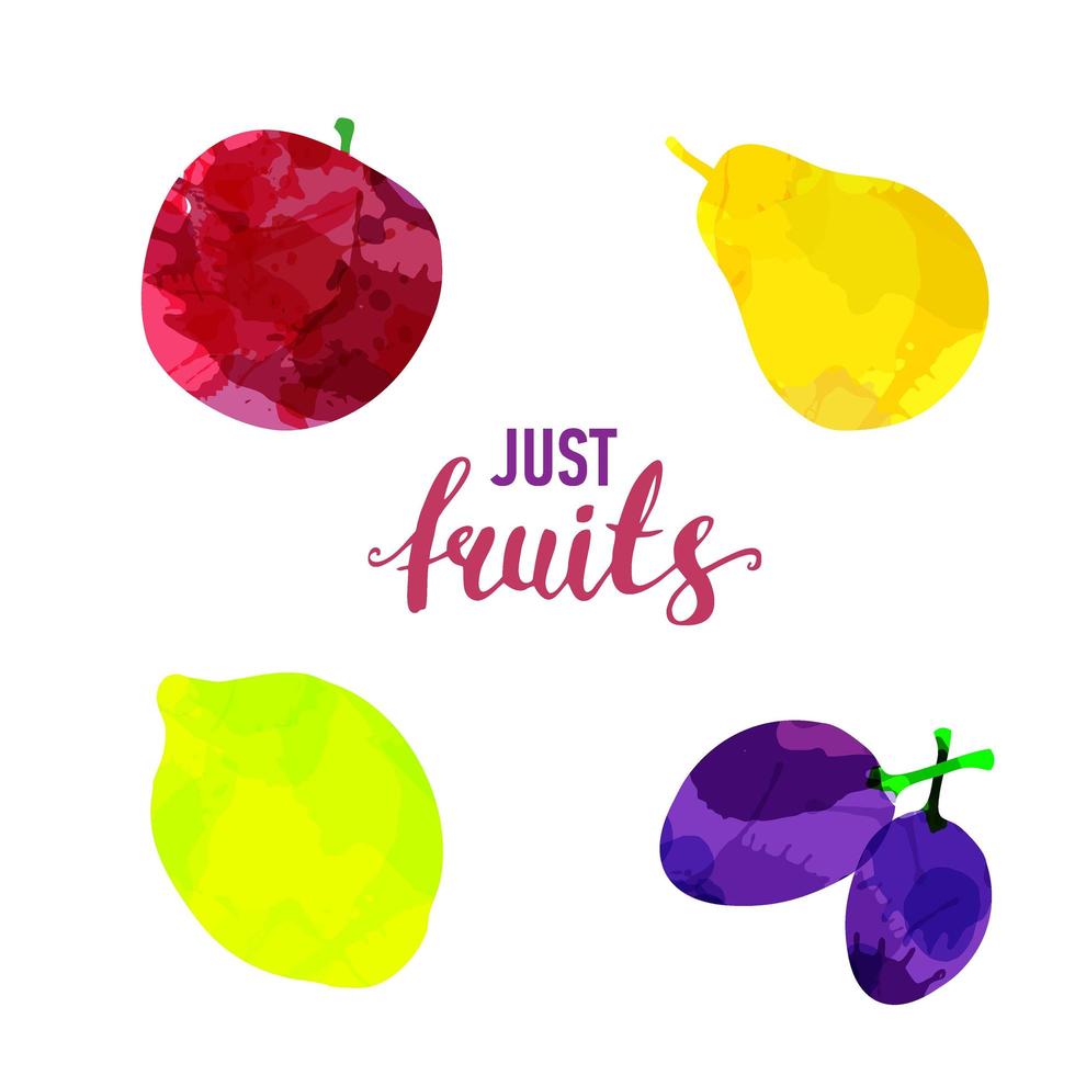 Fruit set drawn watercolor blots and stains with a spray apple, lemon, pear, plum. Isolated eco natural food vector fruits illustration on white background with lettering