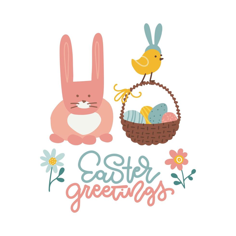 Happy Easter card with pink bunny, flowers, eggs basket and text - Easter greetings. Hand drawn vector flat illustration for postcard, poster, book cover
