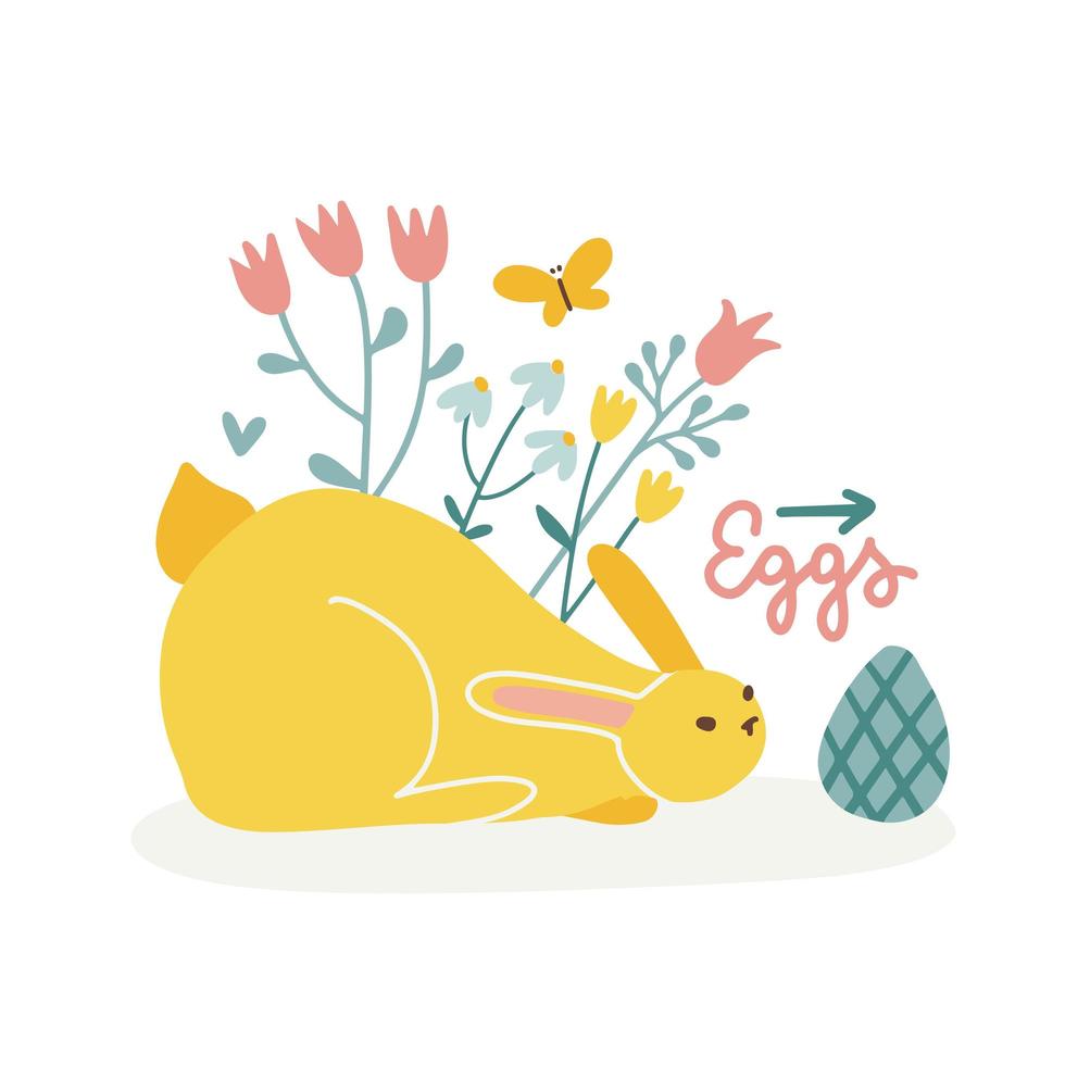 lindo conejito buscando huevos de pascua. signo de pascua feliz con flecha. ilustración dibujada a mano plana vectorial. vector