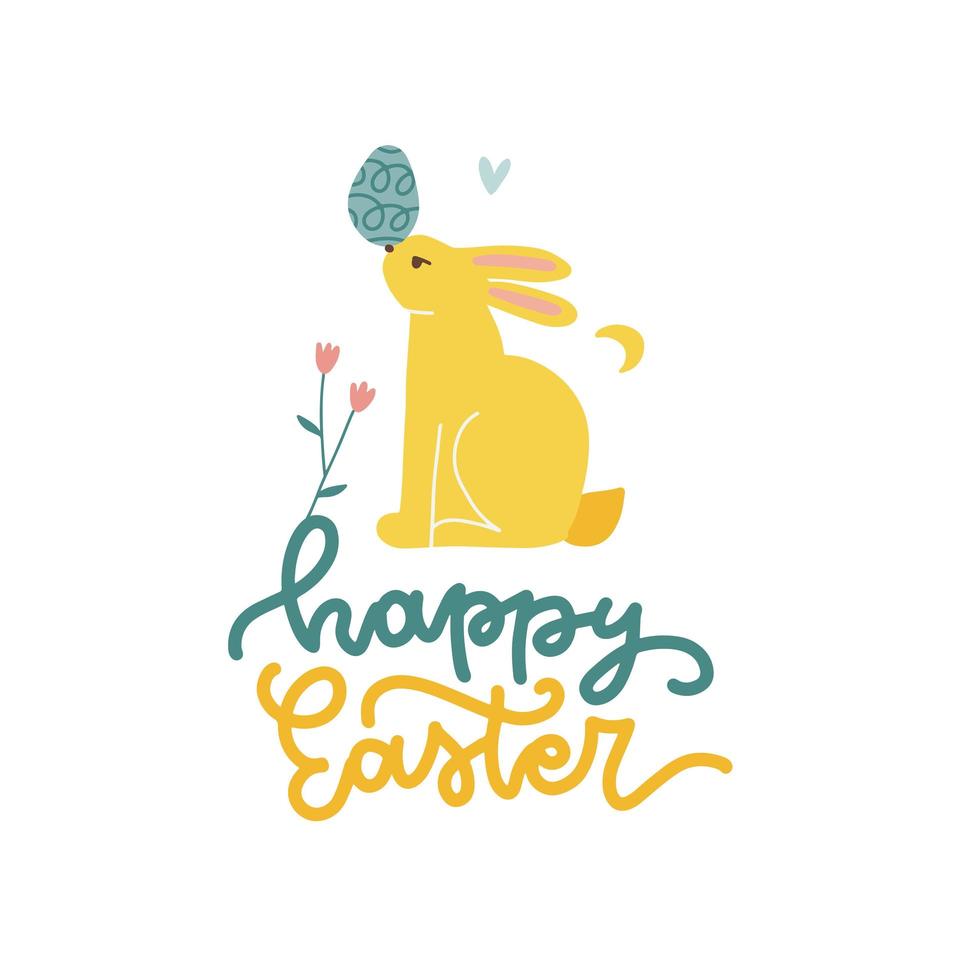 Happy Easter greeting card. Cute little spring bunny holding egg on his nose. Easter rabbit with lettering text. Vector flat hand drawn illustration for poster, print, card, invitation, tag