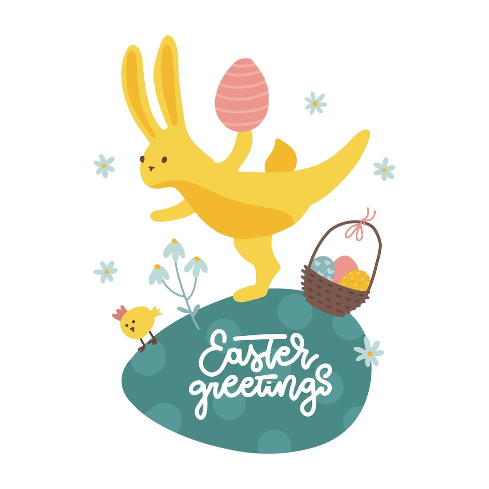 Cute easter bunny searchin for eggs and holding a pink egg. Funny cartoon character for print, greeting card, poster. Vector Flat illustration wilt lettering text isolated on white background.