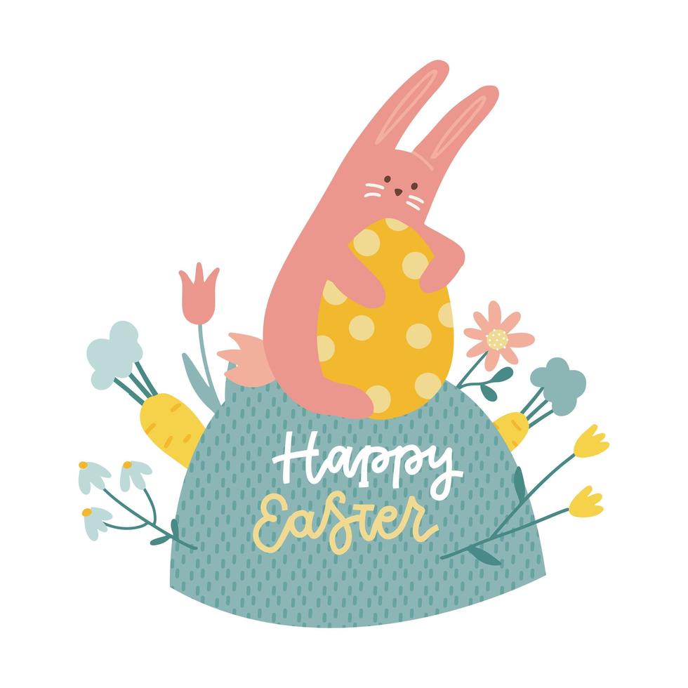 A happy Easter bunny hugging huge egg sitting on a bloomy green hill. Pink rabbit and a big Easter egg, a sweet bunny Easter card. Flat hand drawn vector illustration with written lettering text