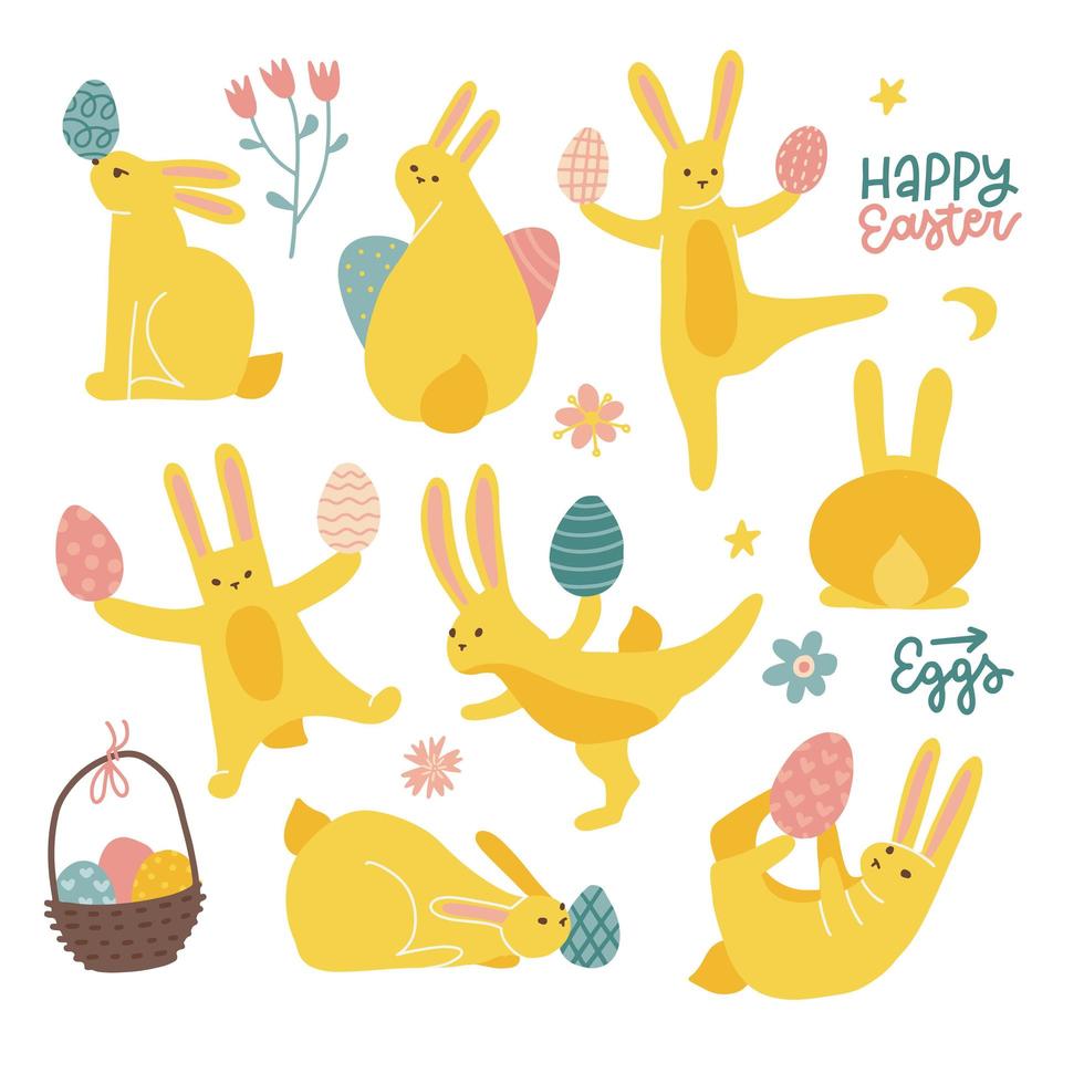 Easter rabbits set. Cute yellow bunnies in different poses and actions- sitting, laying, dancing, holding eggs. Flat hand drawn vector illustration isolated on white