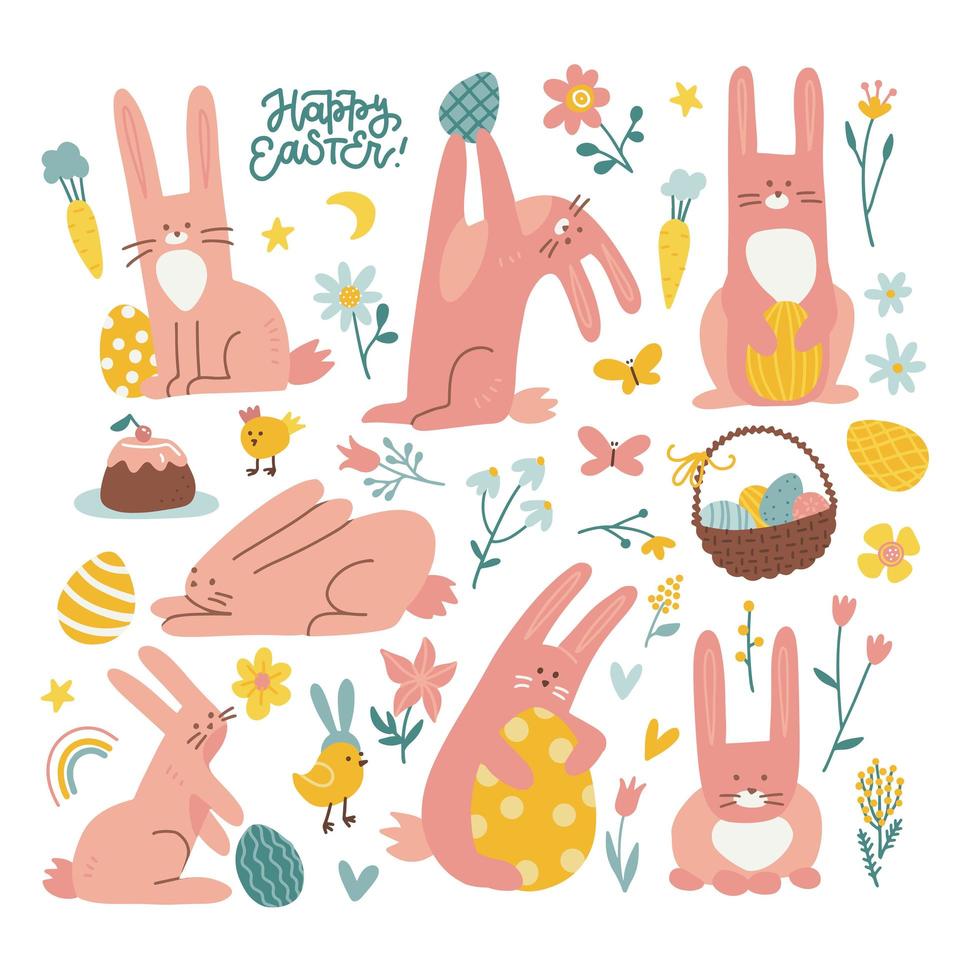 Set of cute spring bunnies and Easter eggs in pastel colors. Colorful vector Illustration with rabbits in different poses and colorful eggs with abstract pattern in flat style. Vector collection.