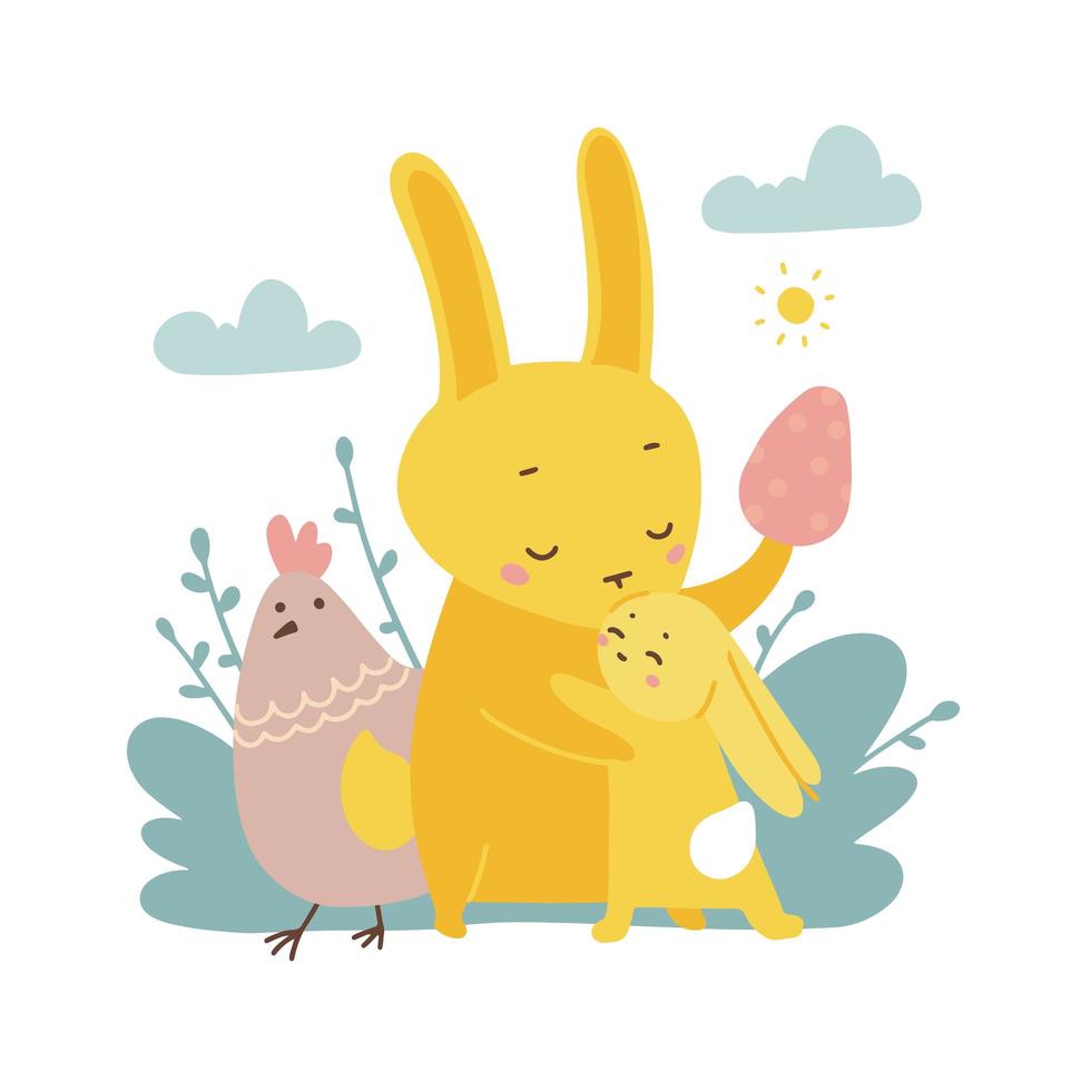 Rabbit mother with her little bunny. Cute easter characters isolated on white, sweet mom and baby celebrating Easter. Egg hunt concept. Flat vector hand drawn illustration.