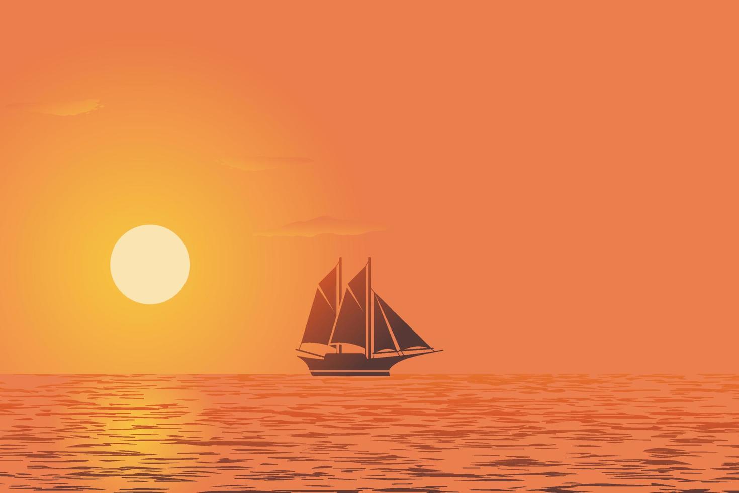 vista del atardecer con ilustración de vector de silueta de barco