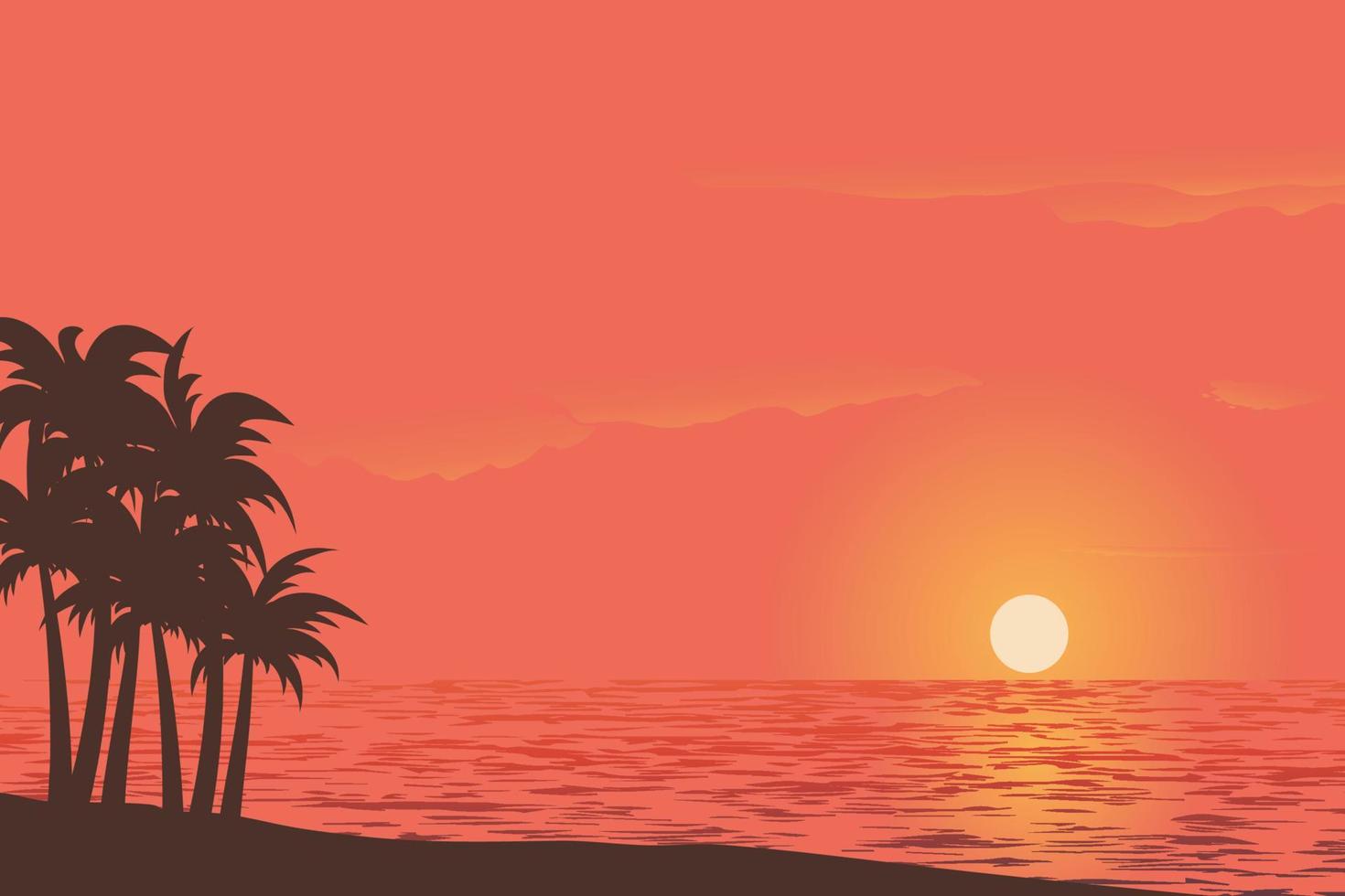 ilustración vectorial de una puesta de sol en el cielo con palmeras en la playa vector