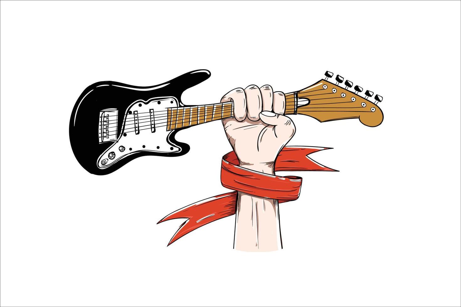 mano que sostiene la guitarra eléctrica con la ilustración de vector de concepto de música de cinta roja