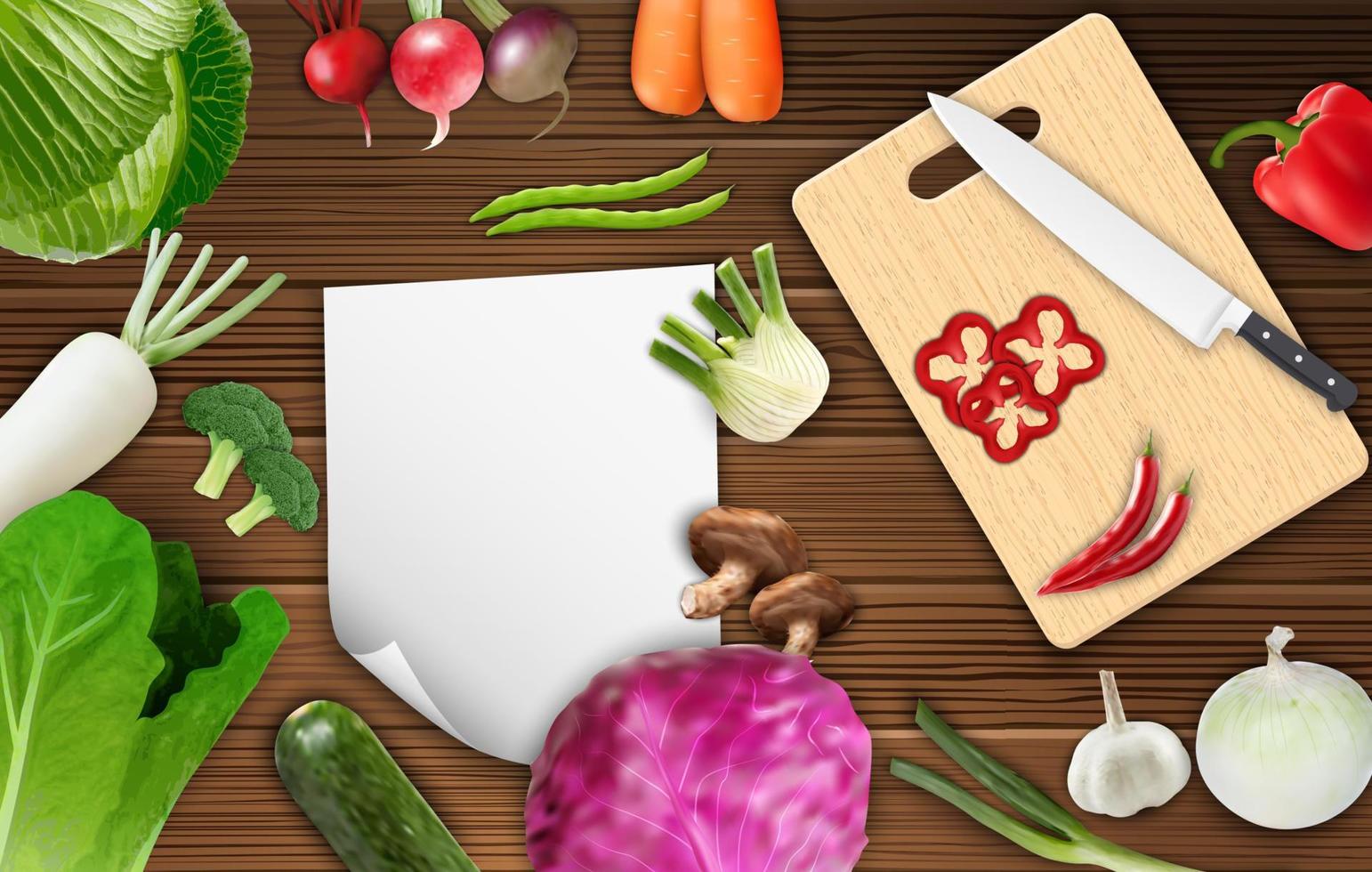 Vegetables on the table with paper and cutting board vector