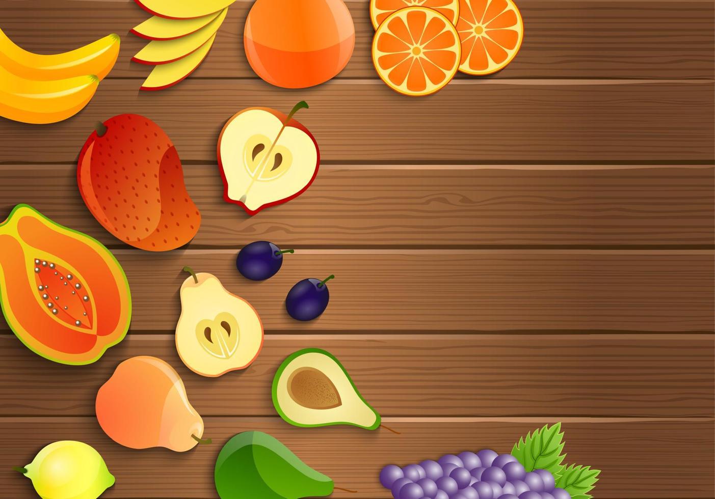 Fresh fruits on a brown wooden background.Vector vector