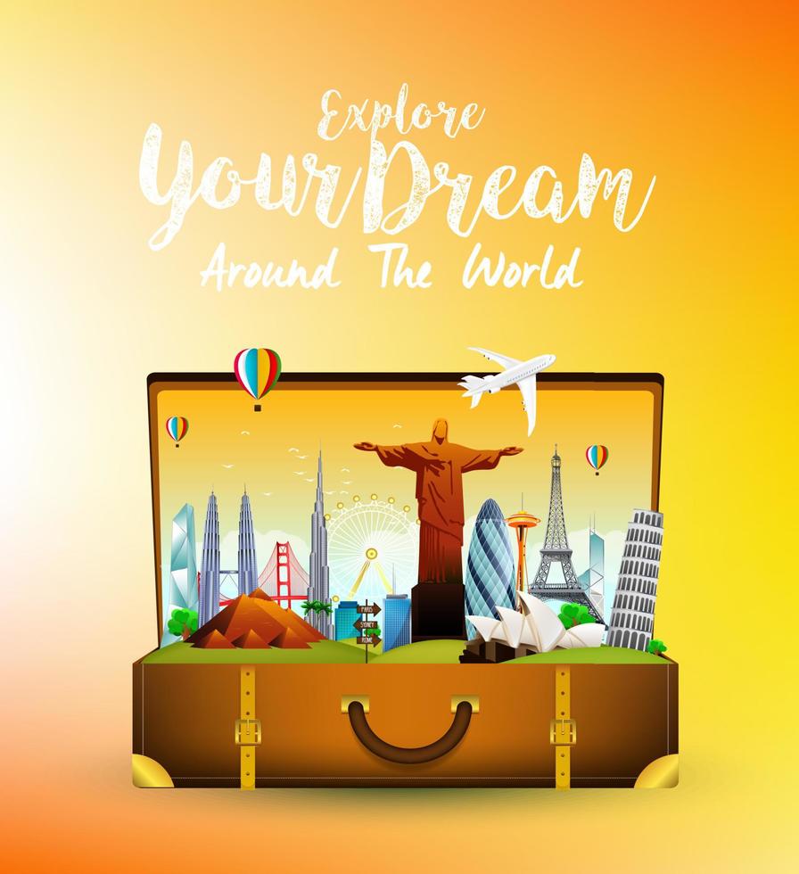 Travel monument with the brown open bag on orange background vector