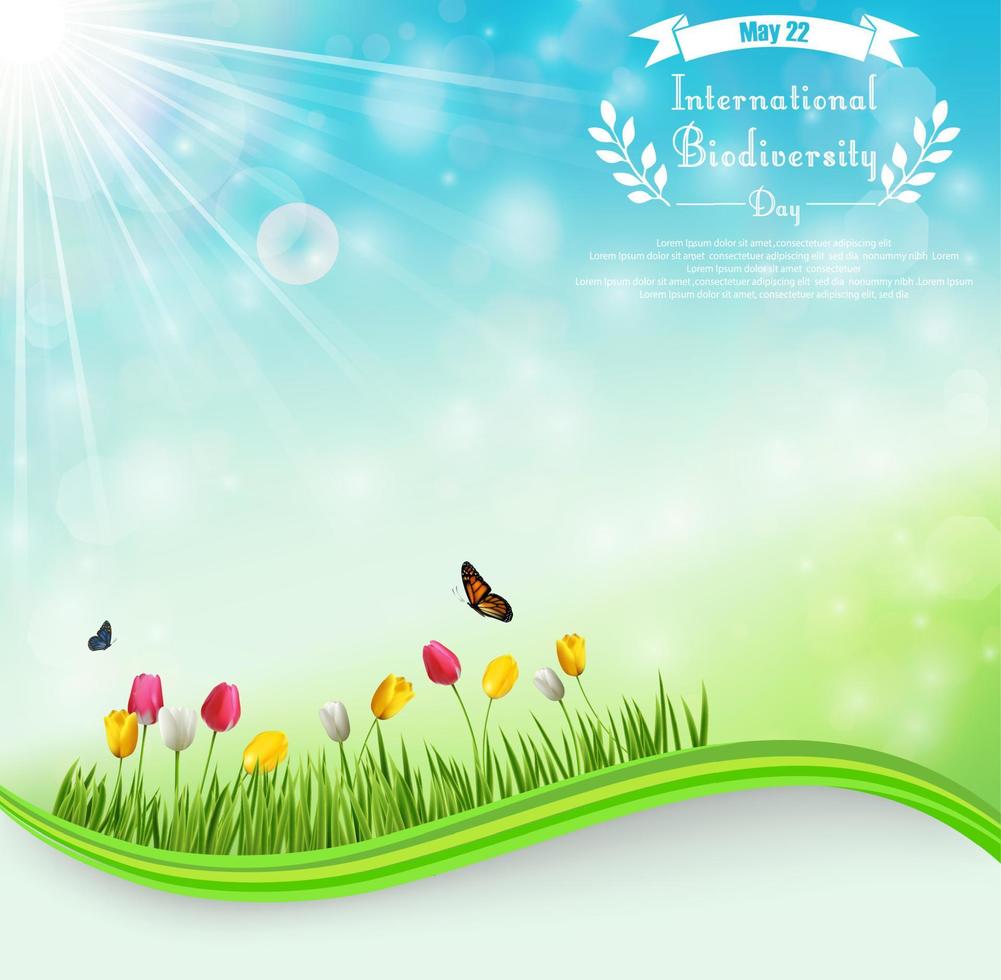 fondo de pradera de biodiversidad con flores de tulipán y mariposas vector