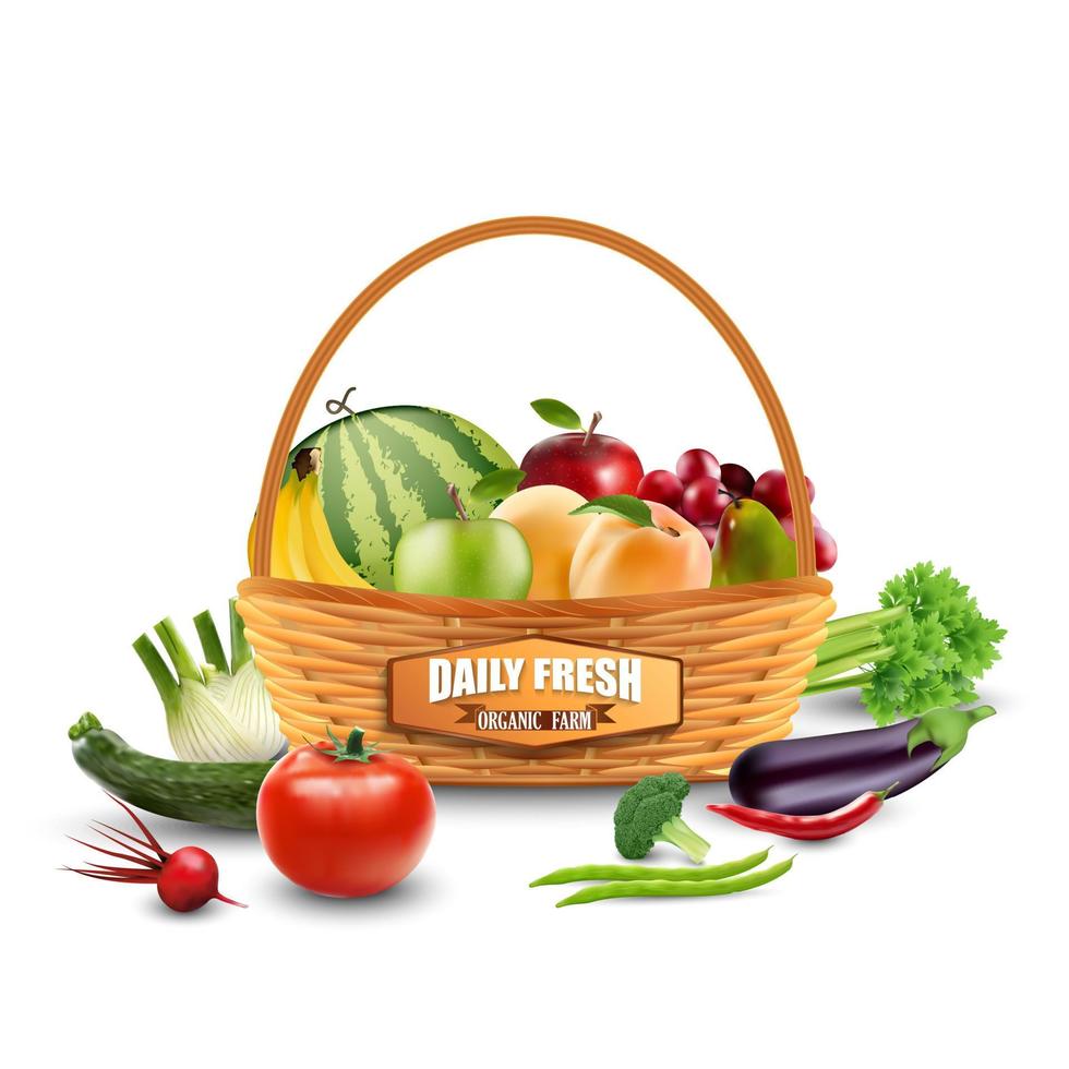 Vegetables and fruits in wicker basket isolated on white.vector vector