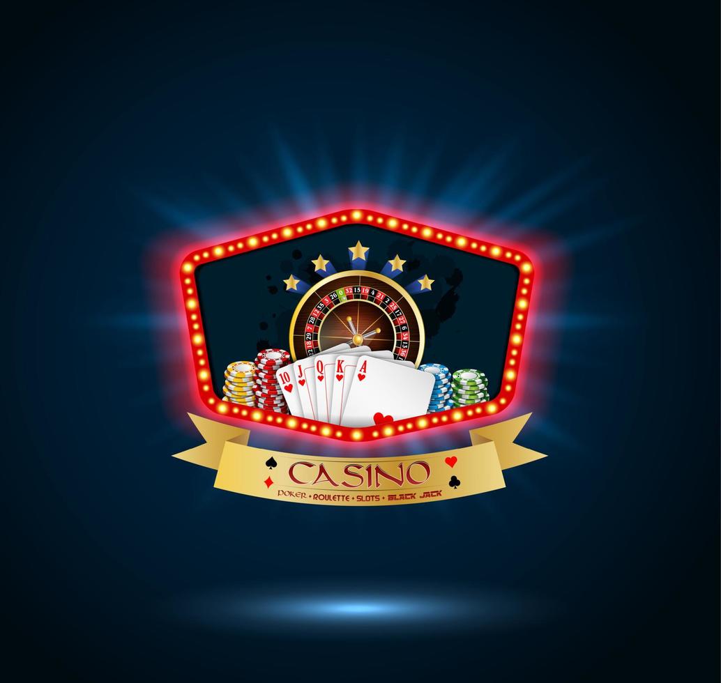 Banner de fiesta de casino brillante con naipes, rueda de ruleta y fichas vector