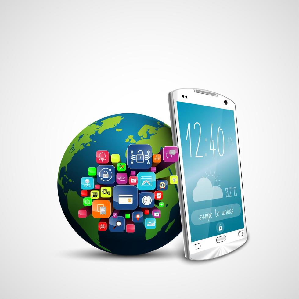 White touch screen smartphone with application icons and green Earth globe isolated on white background. 3D illustration vector