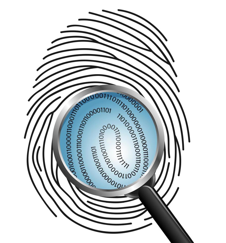 Magnifying glass over a finger print revealing binary code vector