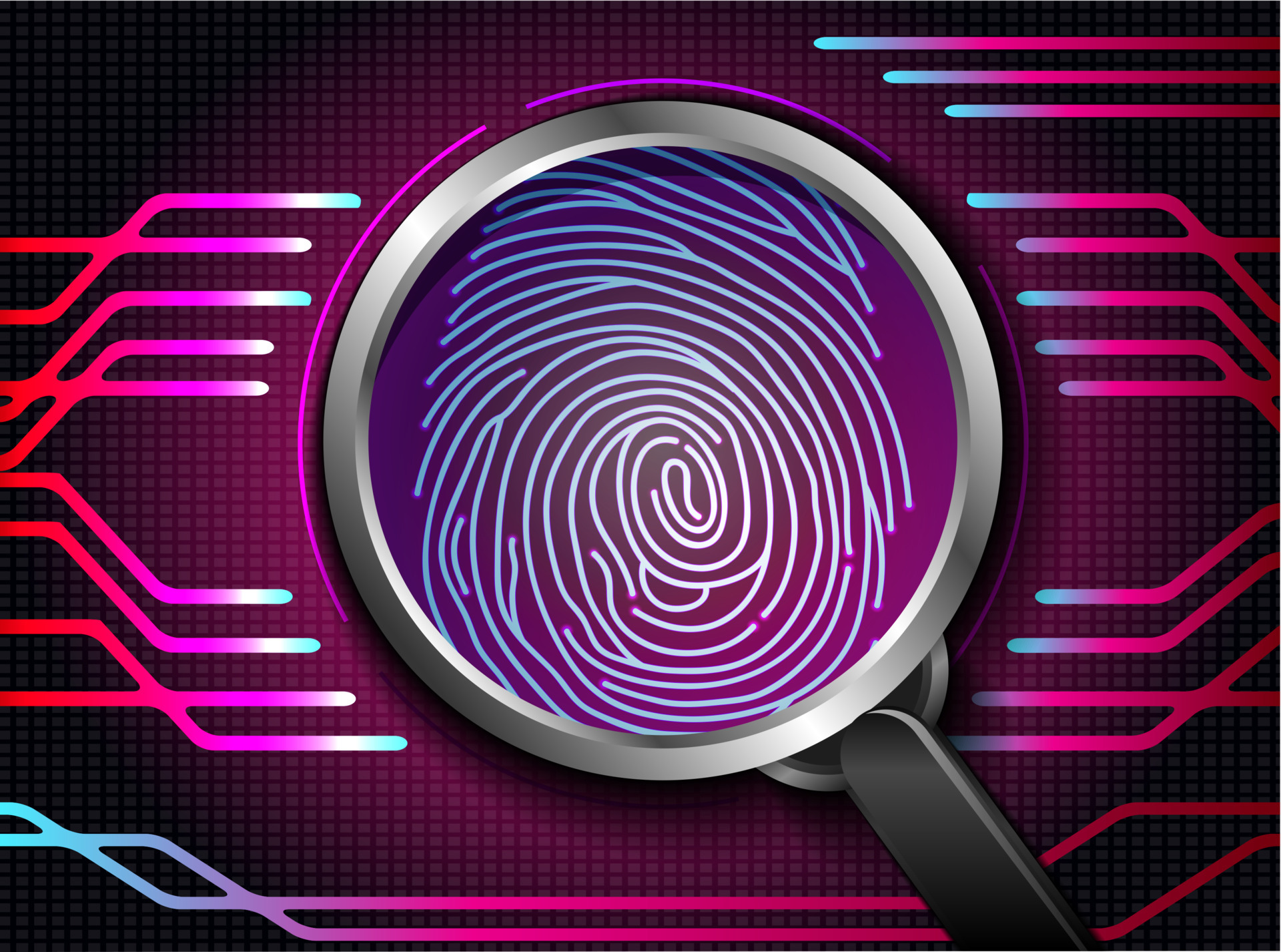 Magnifying glass on fingerprint with concept red abstract technology