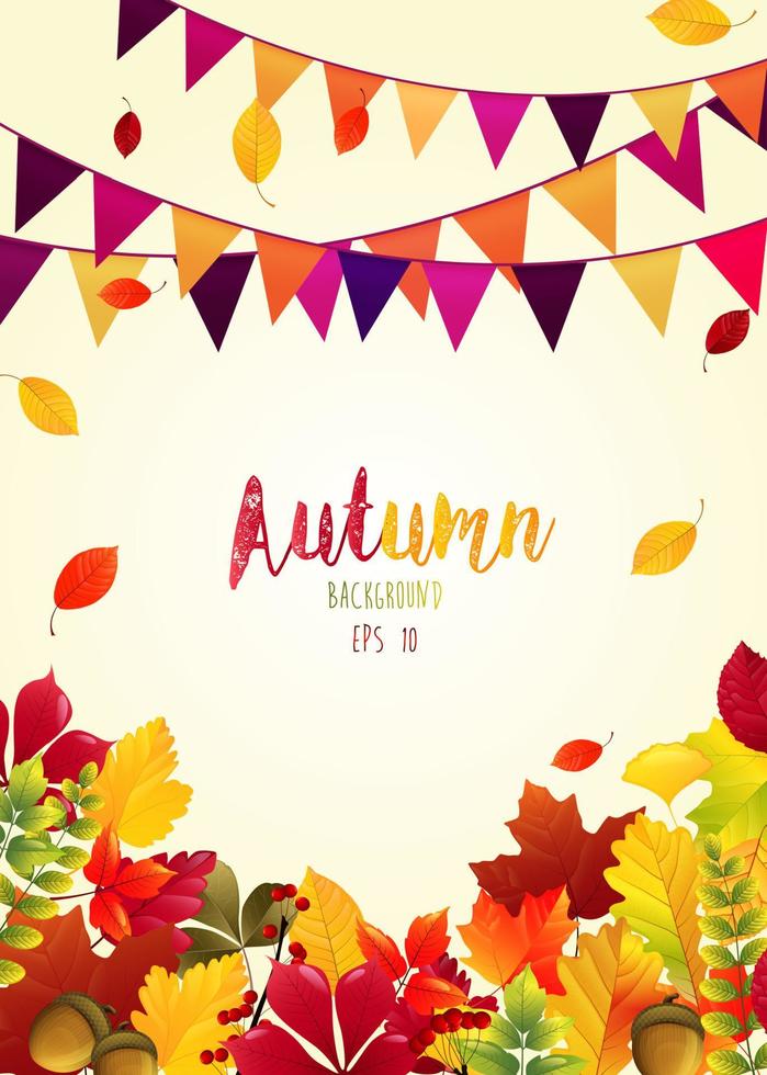 Autumn leaves background with party flags.Vector vector