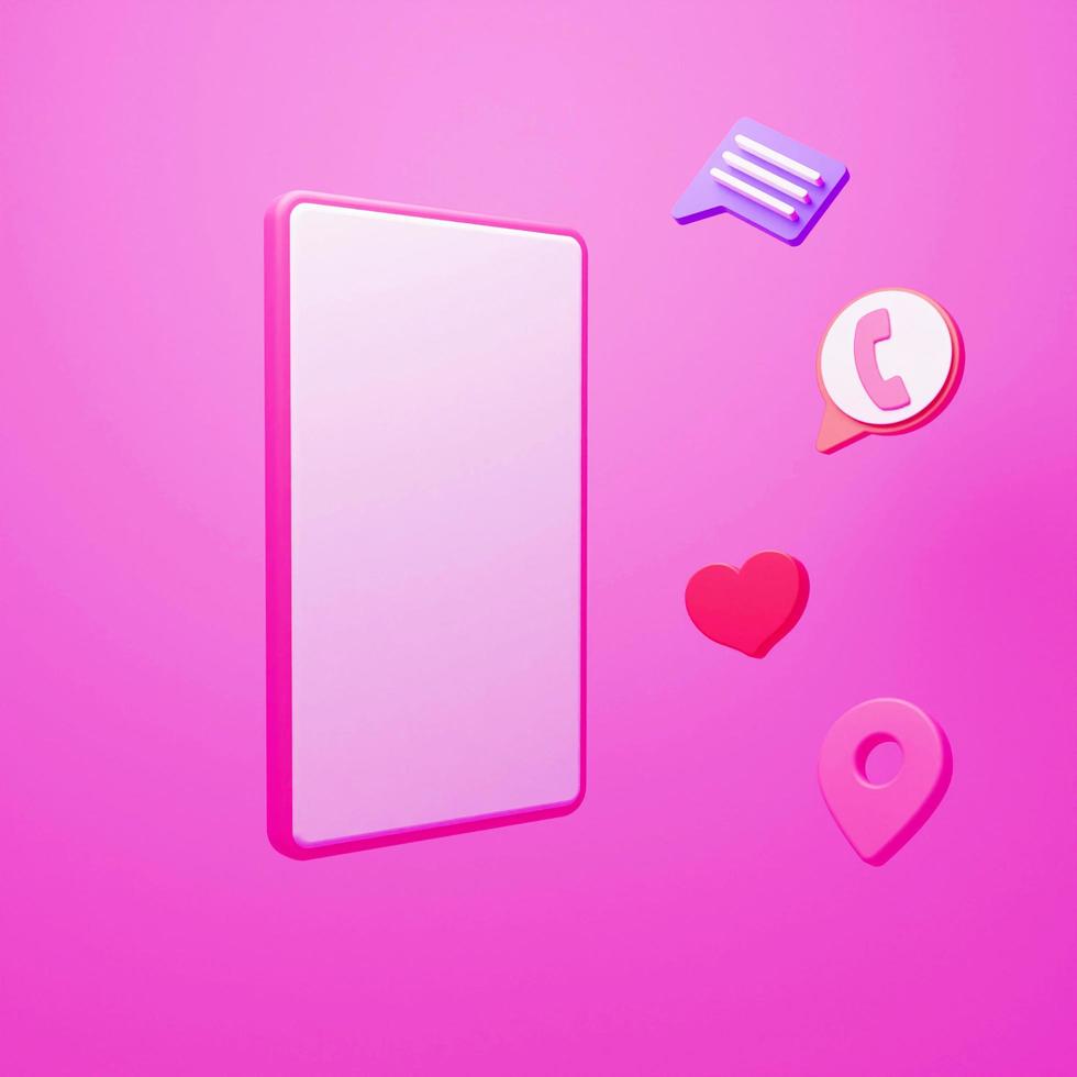 teléfono inteligente con pantalla en blanco con características composición mínima representación 3d publicidad dispositivo móvil marketing en redes sociales sobre fondo rosa foto