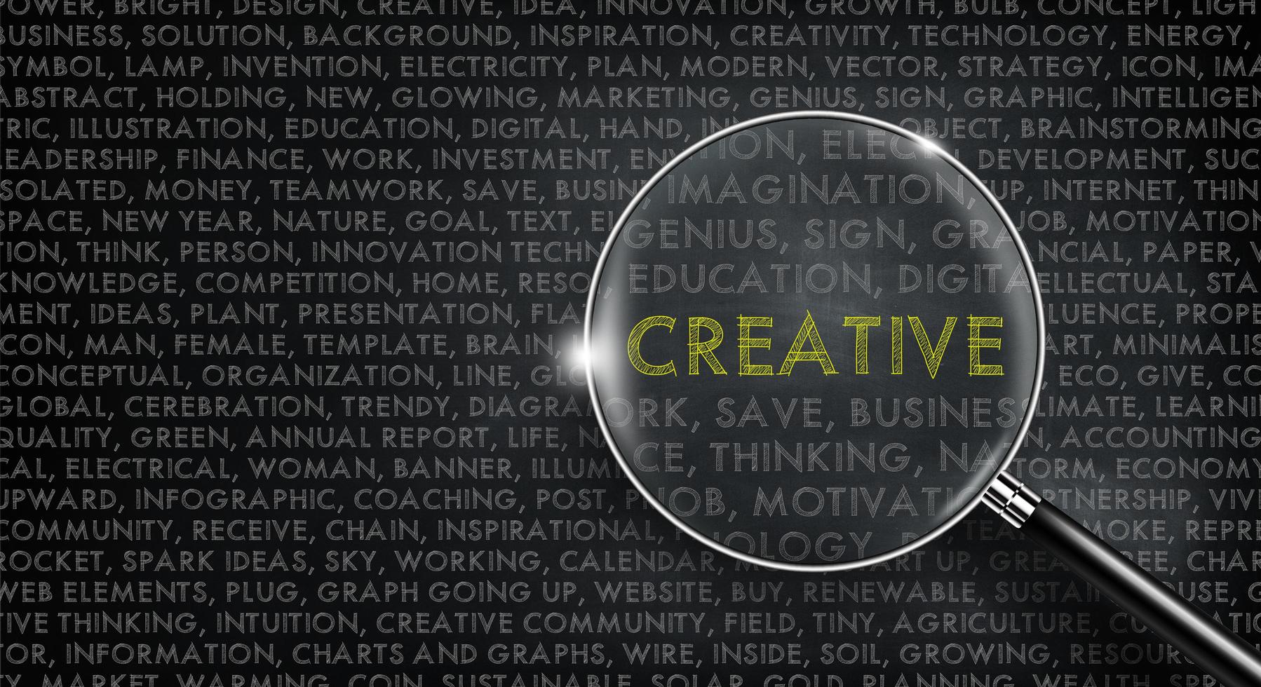 Word cloud and Creative word in yellow color on chalk board. Innovative idea concept. photo
