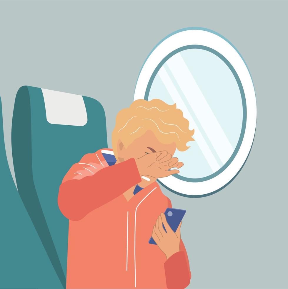 guy travels by plane. The passenger is worried, holding a phone in his hand. The concept of a safe flight. Vector illustration of a cartoon character