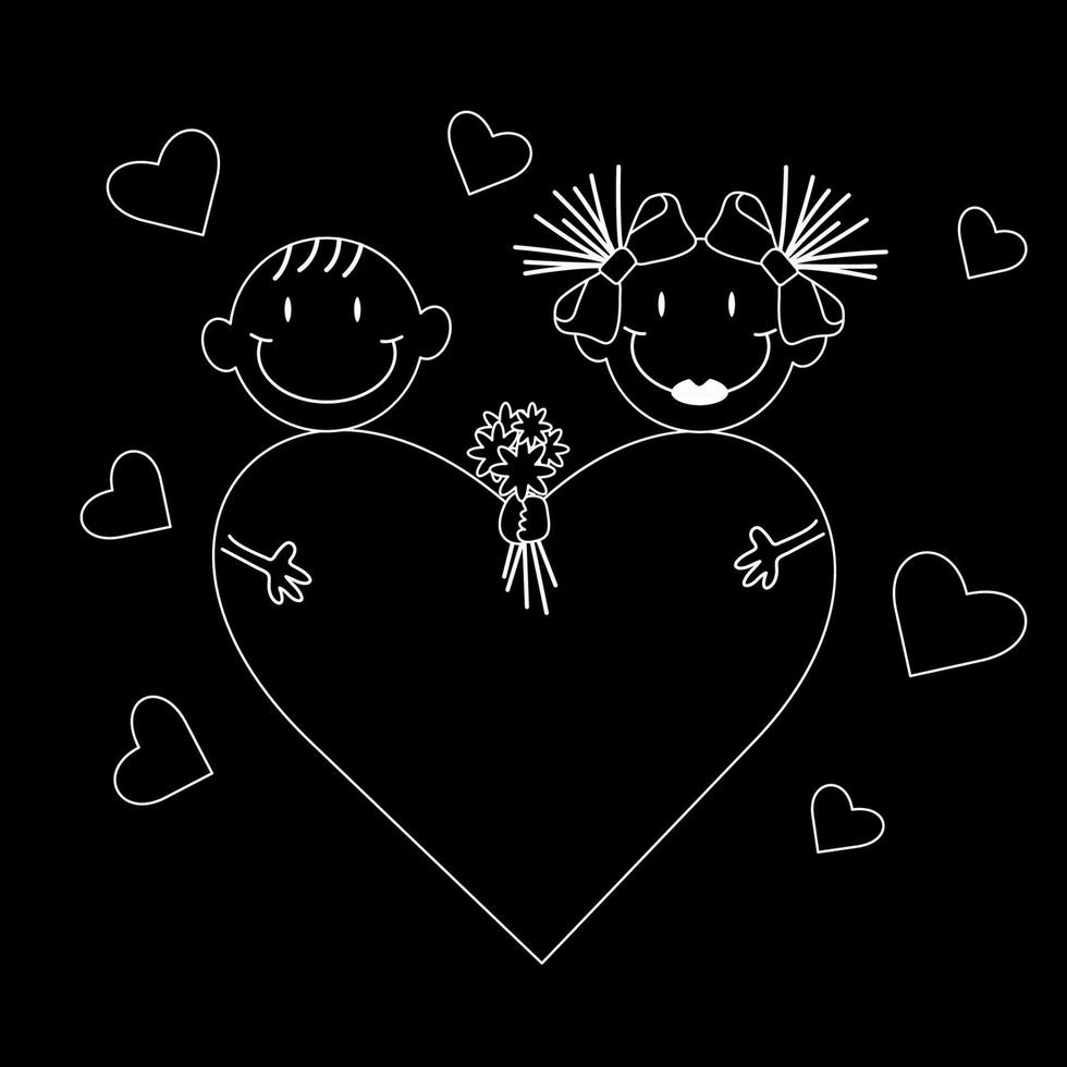 estilo de contorno, una niña y un niño en blanco y negro se enamoran el uno del otro. ramo de flores vector