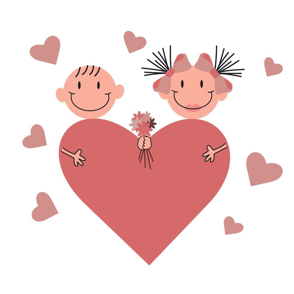 Cartoon girl and boy fall in love with each other. Bouquet of flowers and a huge heart vector