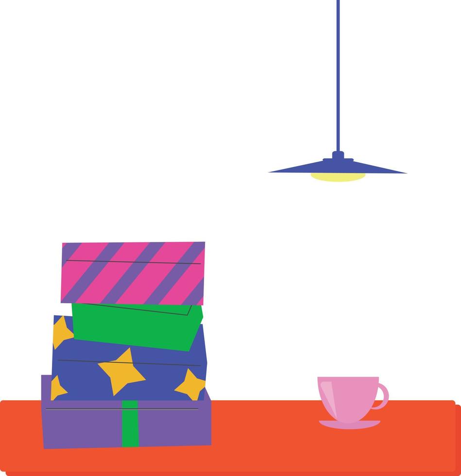 Many gifts for the holiday New Year or Christmas. Hot coffee or tea in a cup on the table, a lamp in the loft style. Comfort and harmony vector