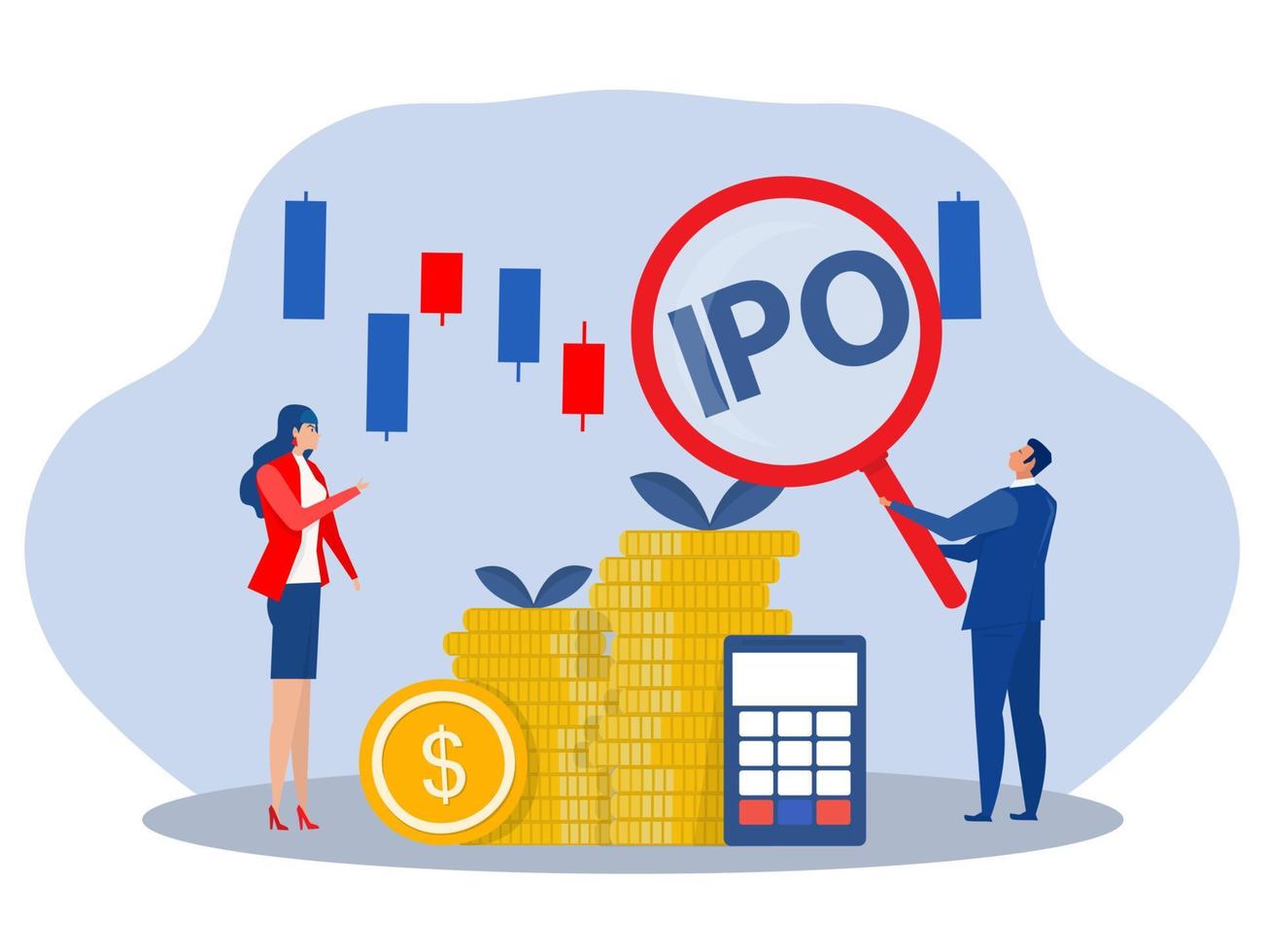 ipo, oferta pública inicial. concepto de estrategia de inversión de personas, ilustración vectorial plana. vector