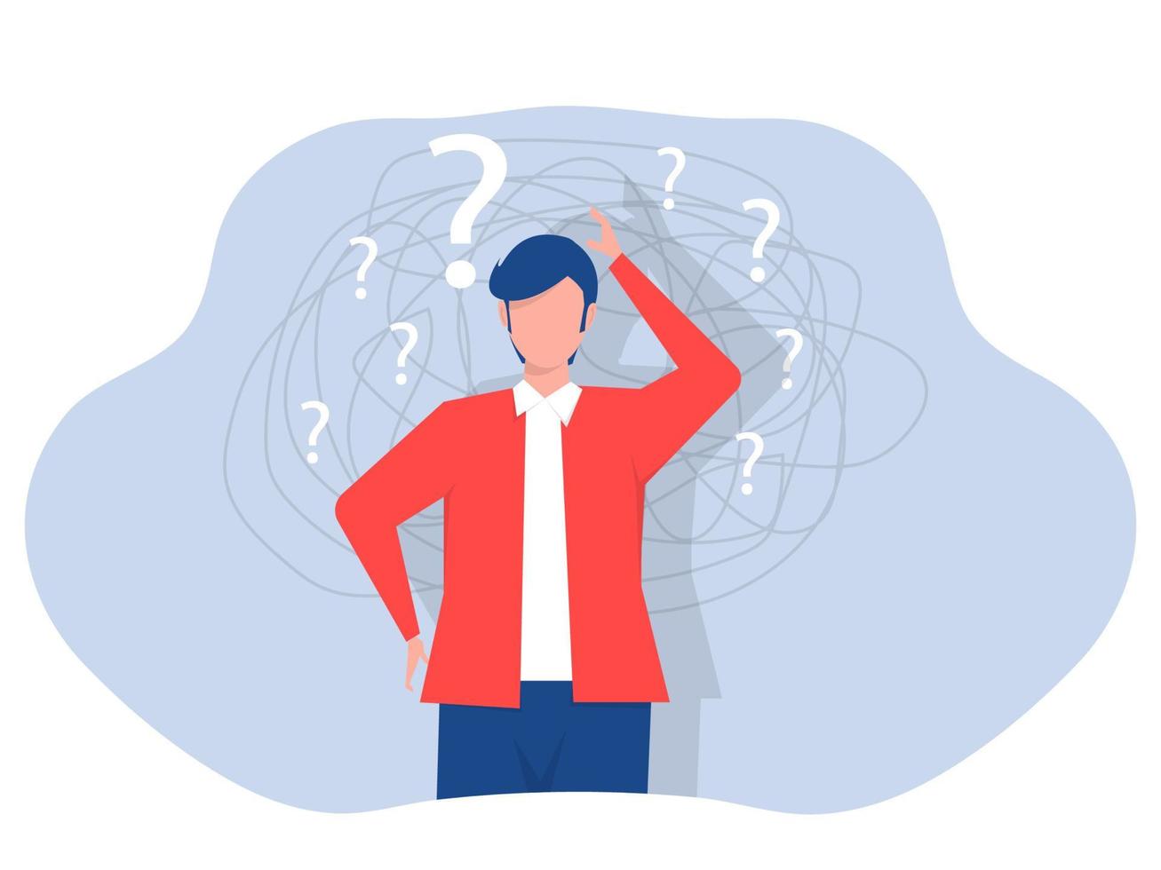 Businessman suffers from obsessive thoughts headache unresolved issues psychological trauma depression.Mental stress panic mind disorder illustration Flat vector illustration.