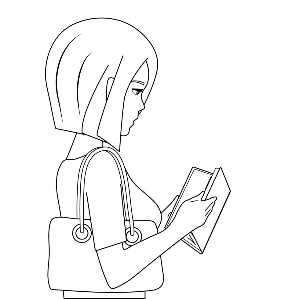 girl is reading an interesting book. Black and white drawing vector