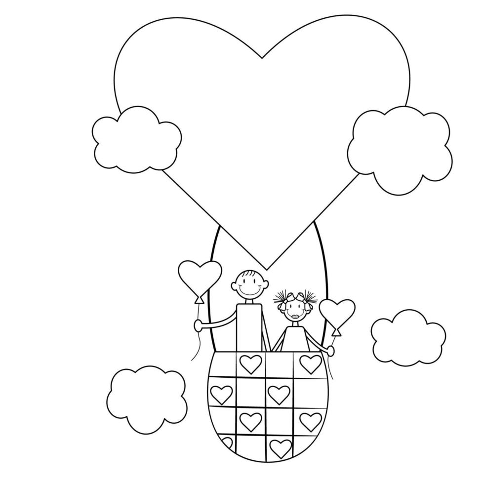 Outline style black and white Girl and boy are flying in a hot air balloon Valentine sky vector design Love story of a couple in love