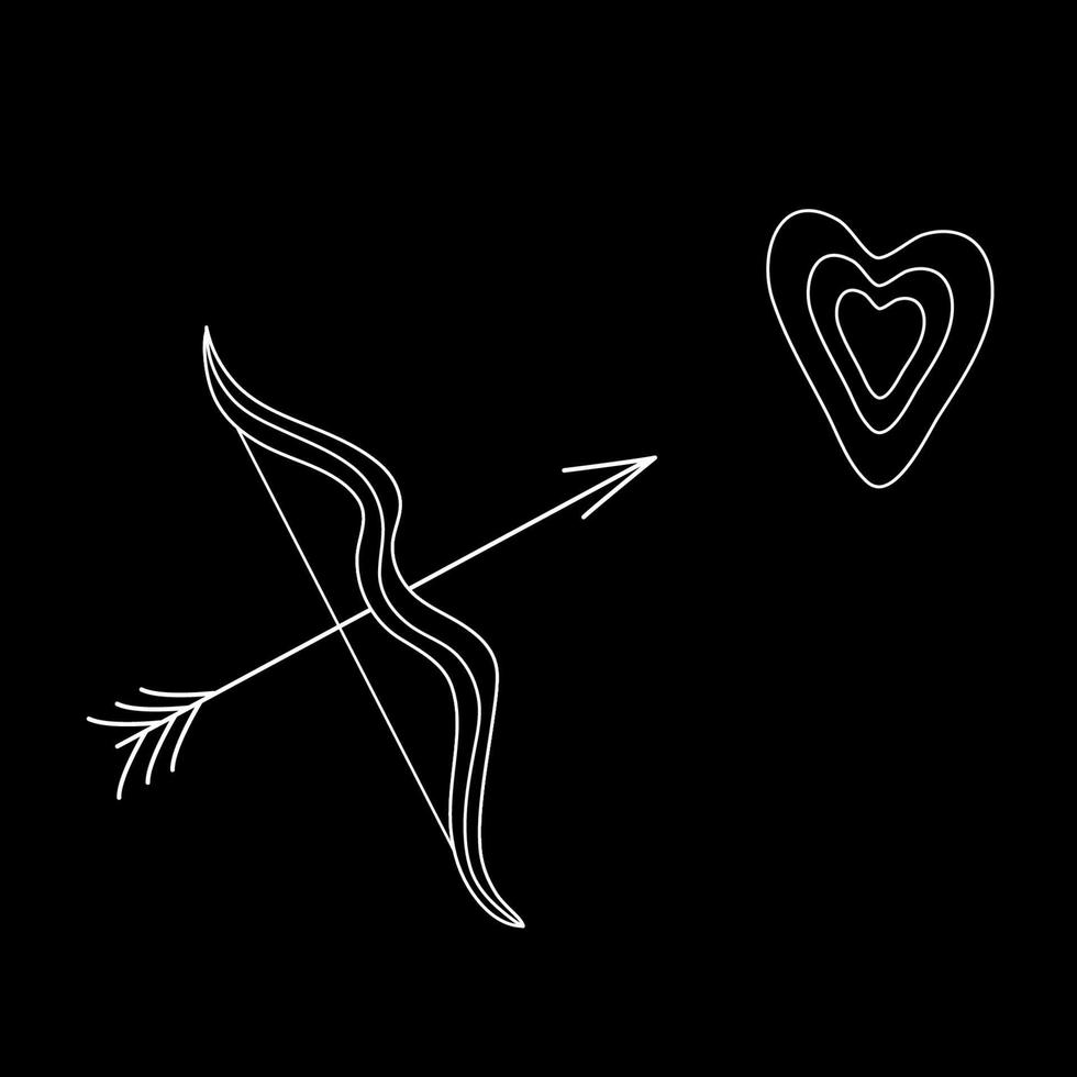 Black and white in outline style Cupid's arrow aims at the heart. Vector design