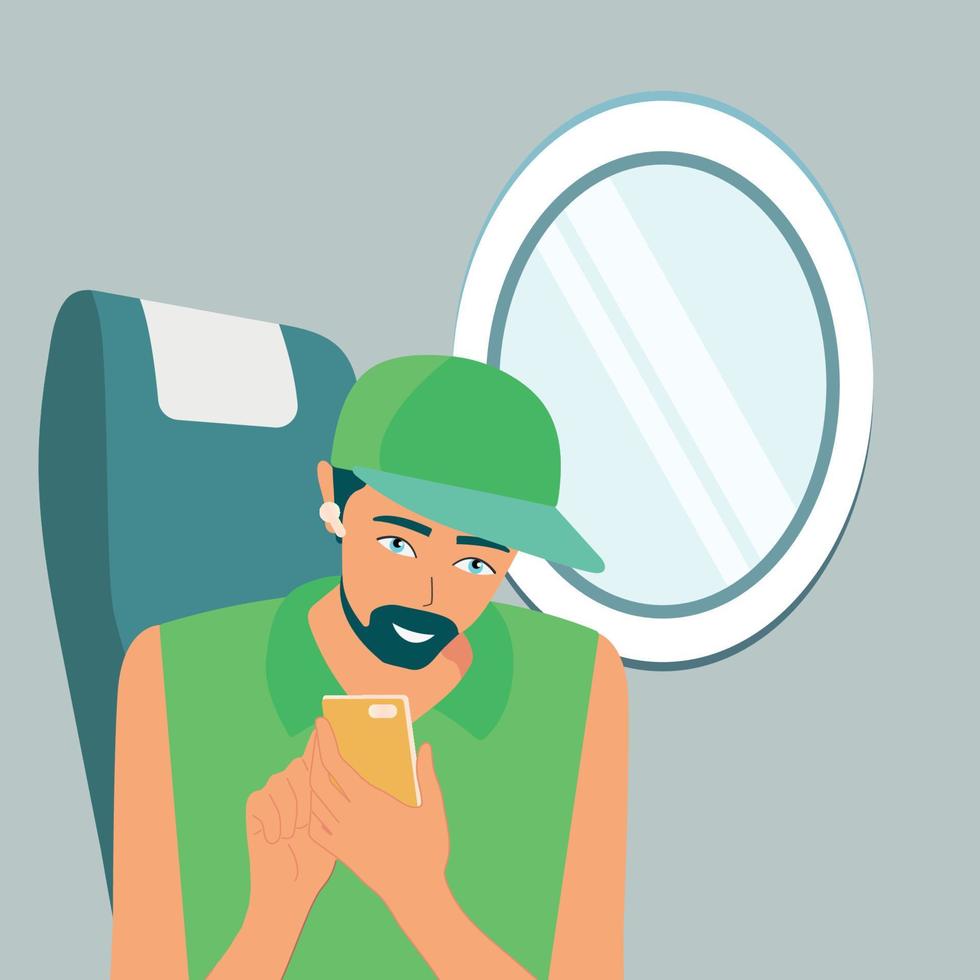 chico con barba viaja en avión. pasajero con auriculares, sosteniendo un teléfono en la mano. el concepto de un vuelo seguro. ilustración vectorial de un personaje de dibujos animados. vector