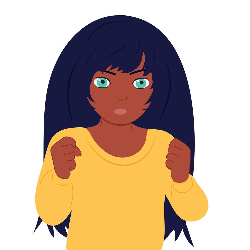 African American girl is angry. Hands, fists, aggression. Bad mood vector