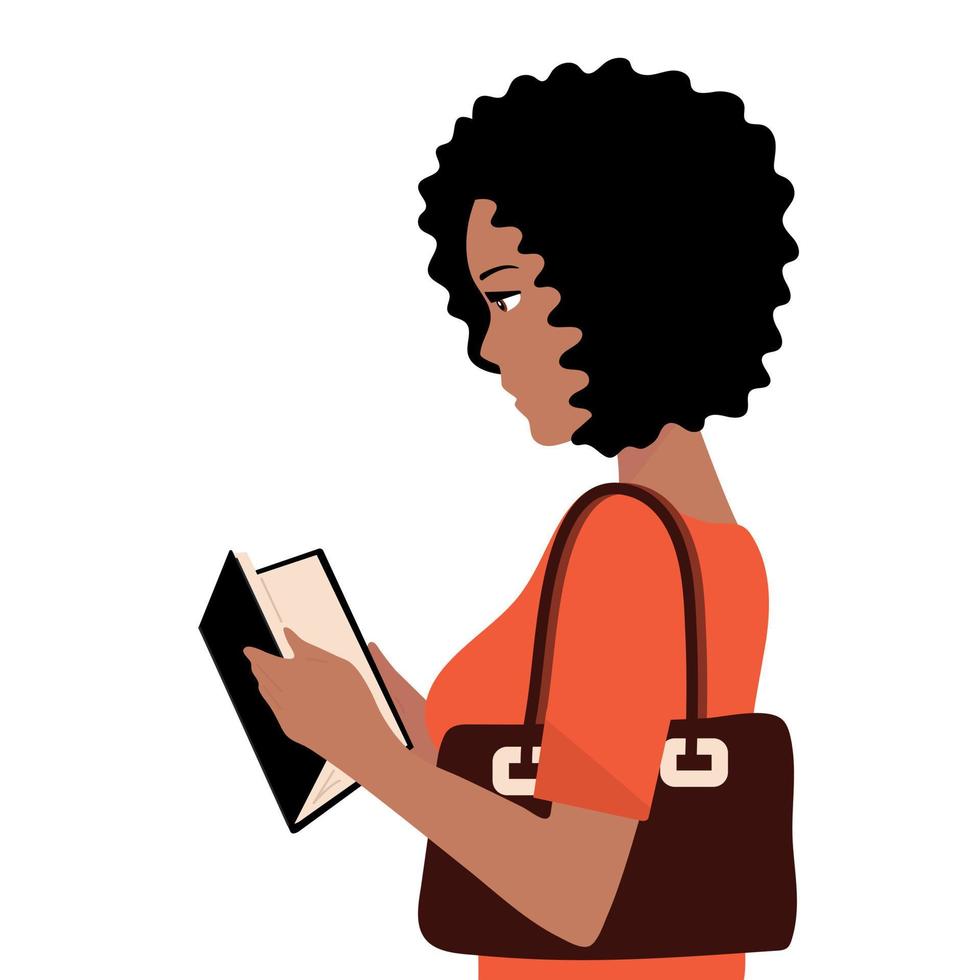 African American girl in a supermarket or bookstore. She is reading a book vector