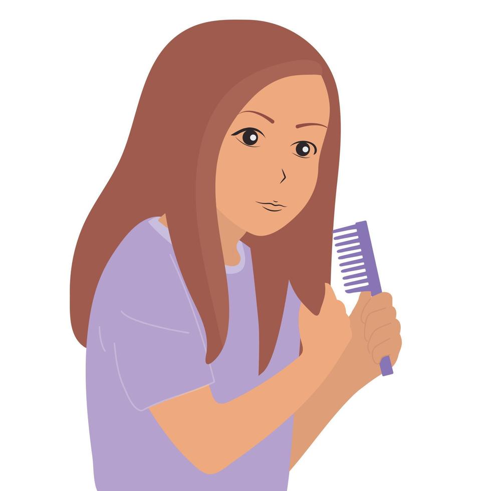 The girl is combing her hair, holding a lock of brown hair in her hand vector